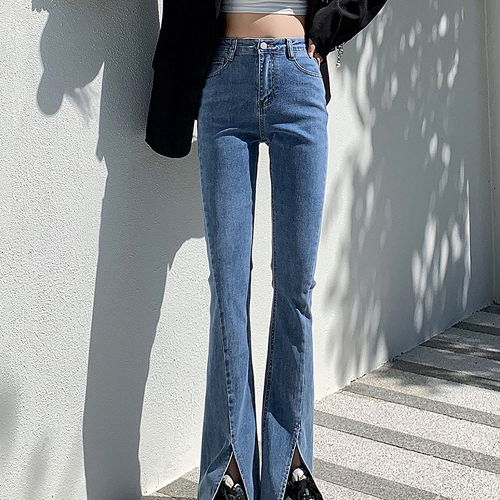 Women Slit Ankle Flare Jeans High Waisted Skinny Bell Bottom Denim Pants Slim Fit Butt Lift Wide Leg Jean Trousers (Blue,X-Small)