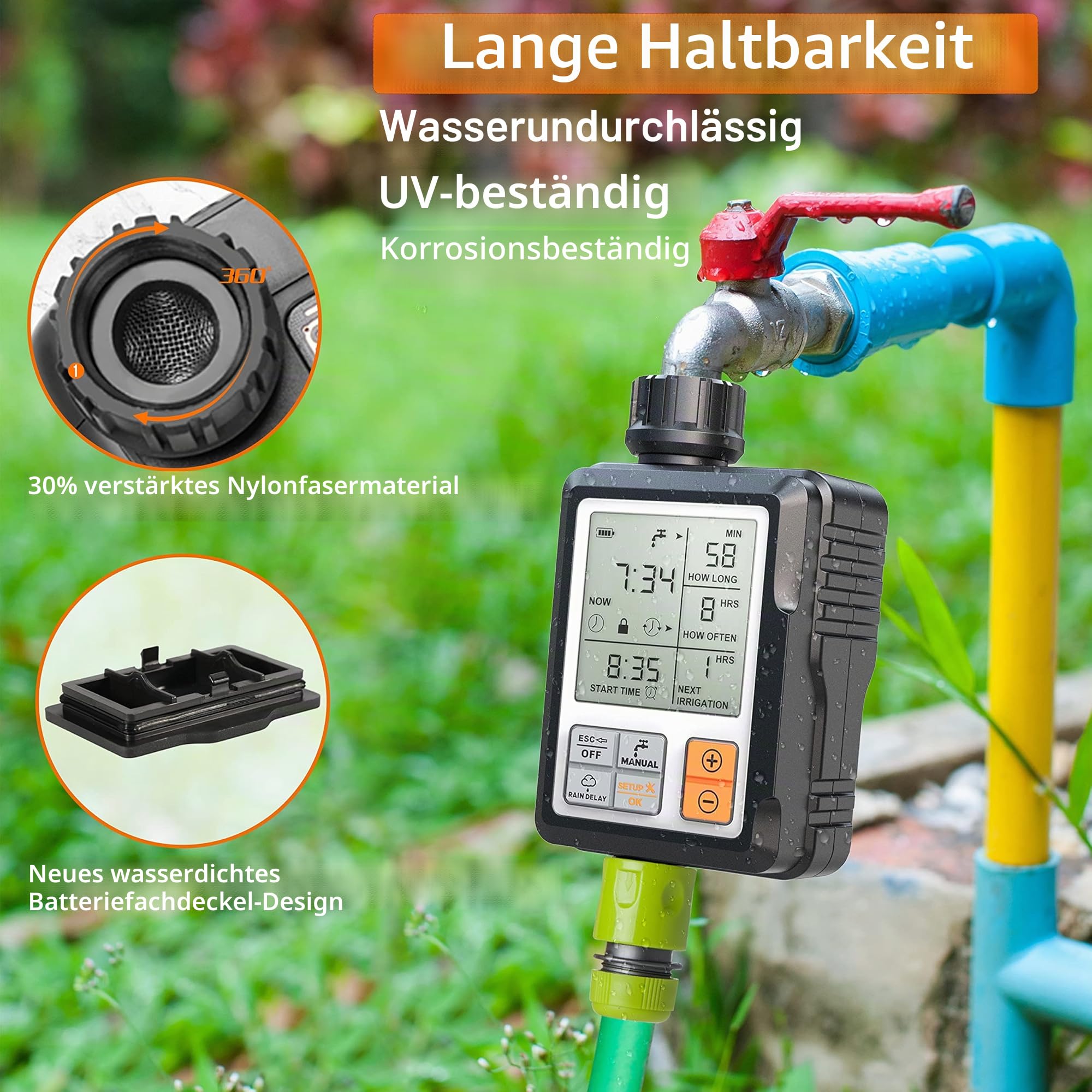 CROSOFMI Bewässerungscomputer Wasserzeitschaltuhr Garten Zeitschaltuhr Bewässerung,Großes 3-Zoll-Display Regenverzögerung und Kindersicherung