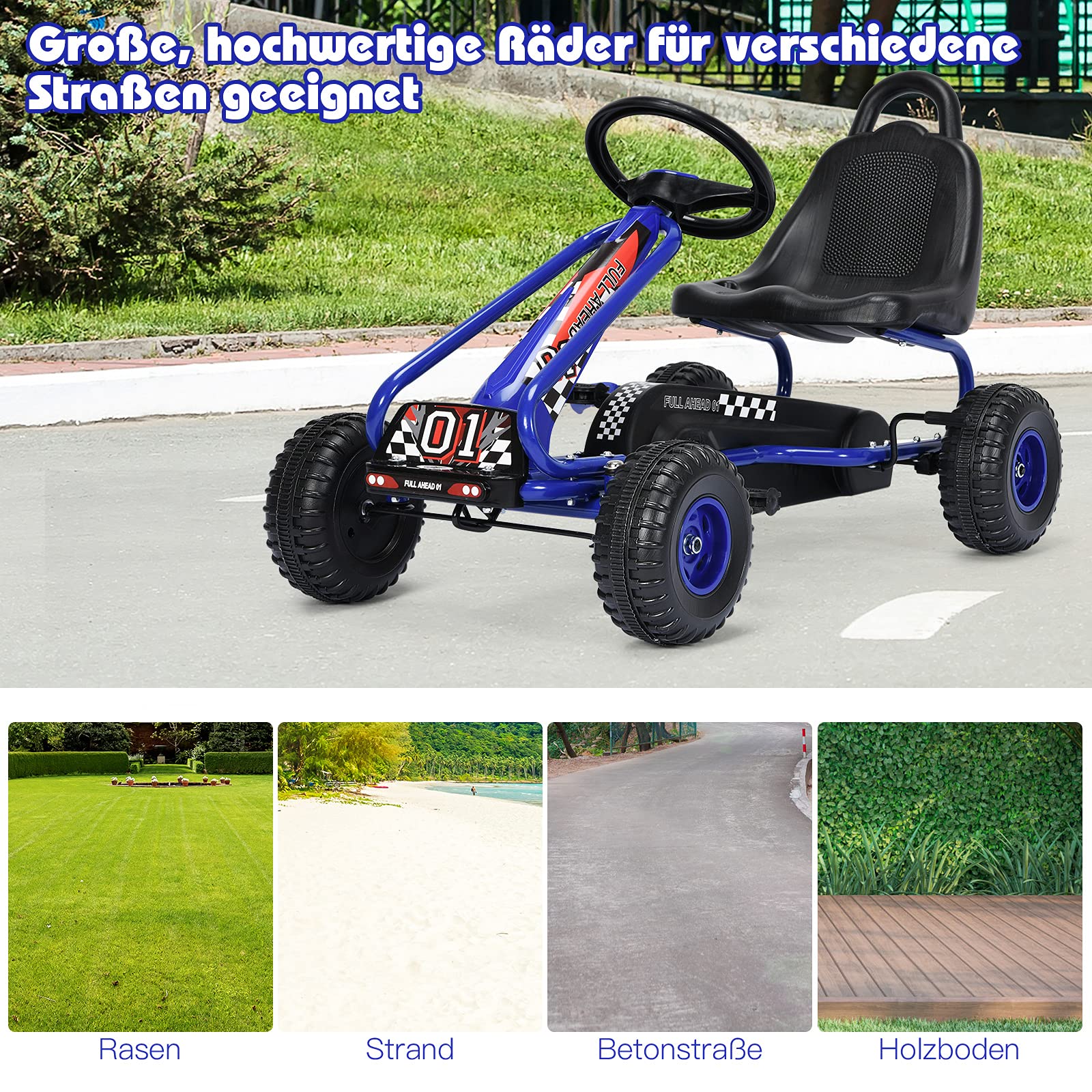GOPLUS Gokart mit verstellbarem Sitz, Tretauto mit Handbremse und geschlossener Kettenabdeckung, Vor- und Rückwärtsgang, Tretfahrzeug für Kinder ab 3 Jahre bis 30 kg (Blau)