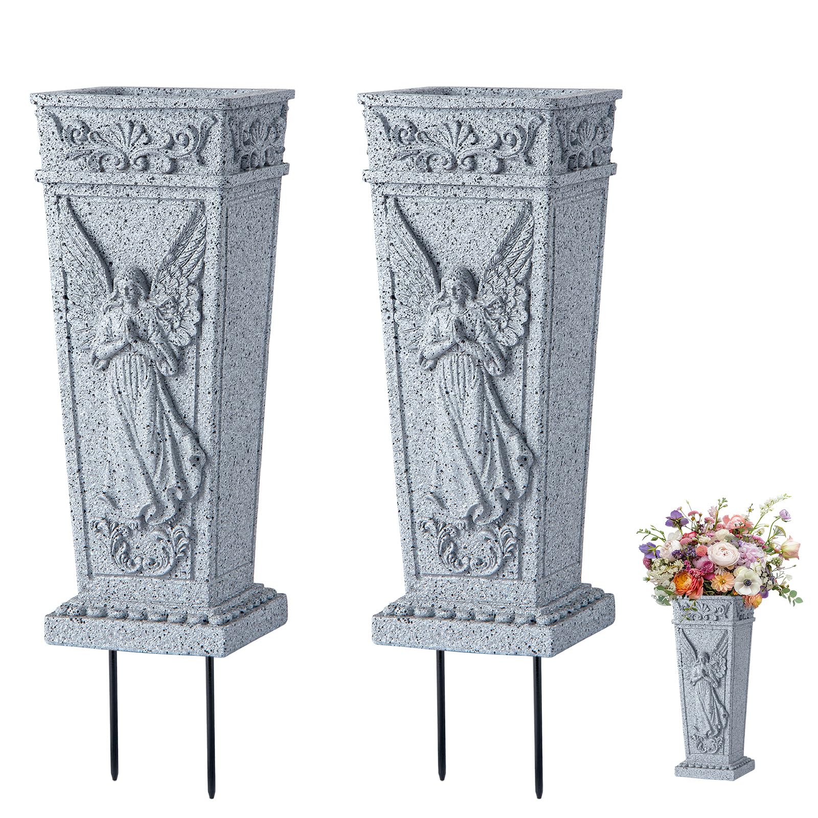 Grabvase mit Pfahl, Harz Gedenkvase Friedhof Blumen Halter für Grabstein, Grab, Friedhof, Garten, Rasen, Hof Dekorationen (2 Stück)