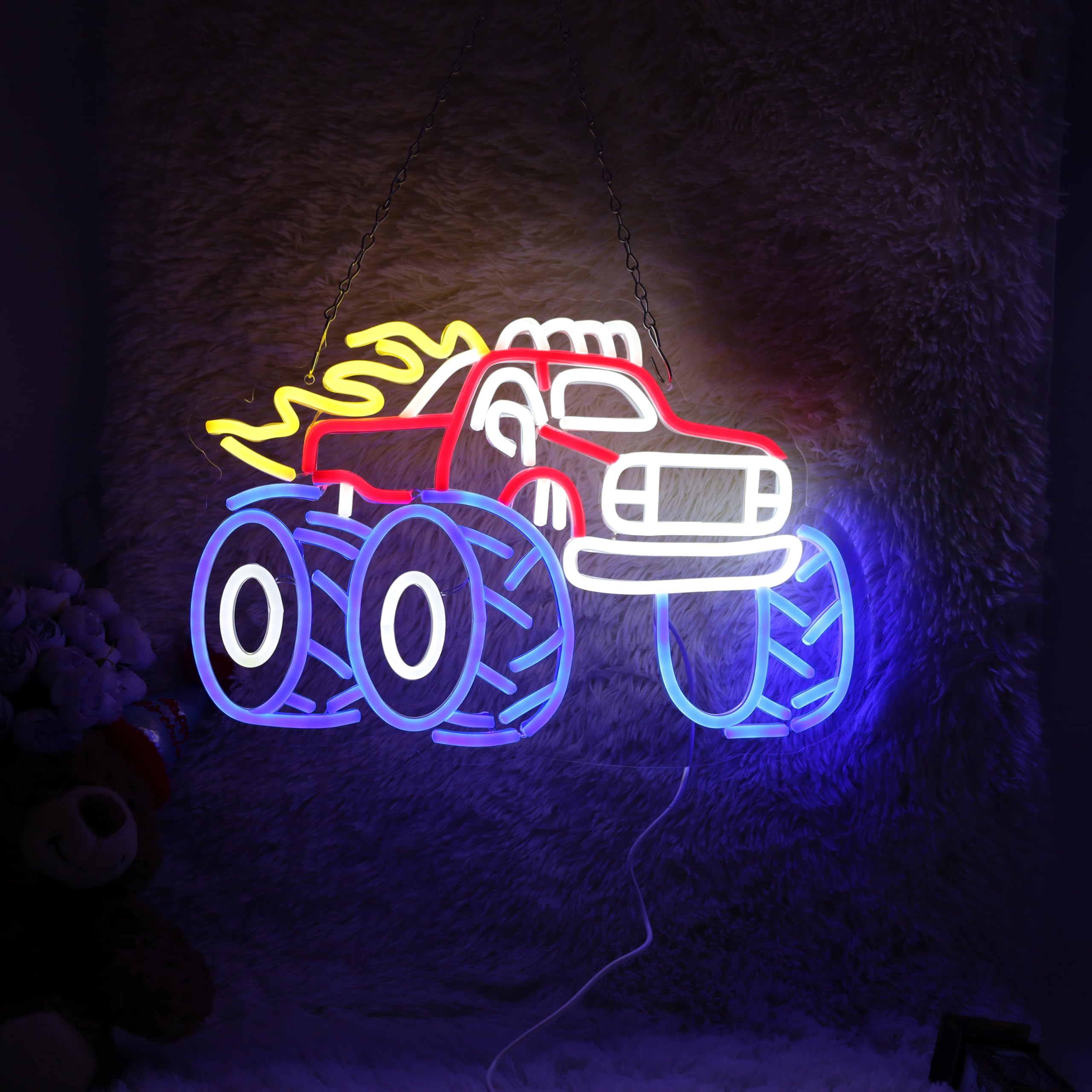 Letrero de neón con diseño de camión monstruo, luz LED de neón para decoración de pared, letrero LED regulable para habitación de niños, arte de pared, regalos de cumpleaños, vacaciones, 16.5 x 11
