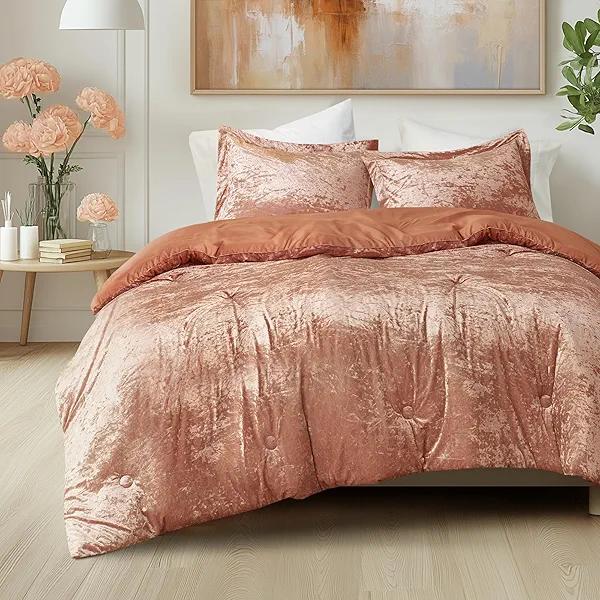 Comfort Spaces Luxe Queen Comforter Set Velvet Comforters for Queen Size Bed, Microfiber Reverse, Juliette, All Season Velvet Bedding Queen Size, Fluffy Bed Set, Sham, Full/Queen, Burnt Orange 3 Piece