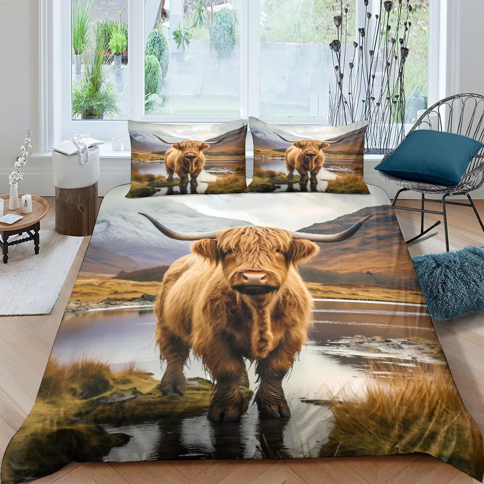 Ctjqhvkz Style-4 3D Printed Highland Cow Fitted Sheet Microfiber Soft Brown Rustic Landscape Bed Cover For Bedroom Guest Room Decor Single（135X200cm）
