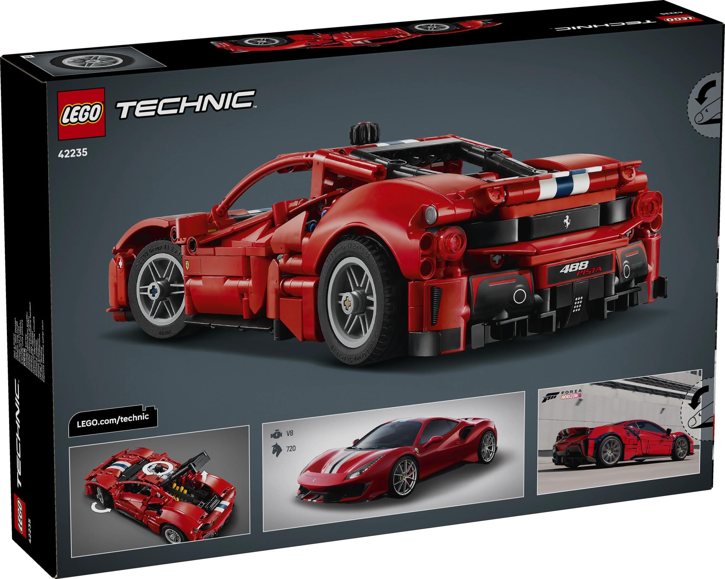 LEGO Technic Auto Ferrari 488 PISTA - Macchina Giocattolo con Motore V8, Sterzo e Differenziale - Decorazione da Cameretta - Regalo per Gamer, Bambini e Fan degli Sport Motoristici da 9 Anni - 42235