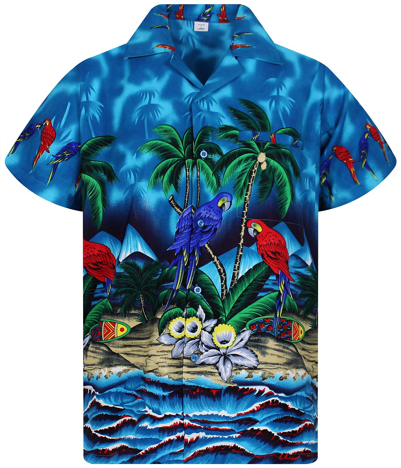 V.h.o. Men's Vho-Parrot-Design-Turquoise Funky Hawaiian Shirt, Shortsleeve, Parrot, Turquoise, L