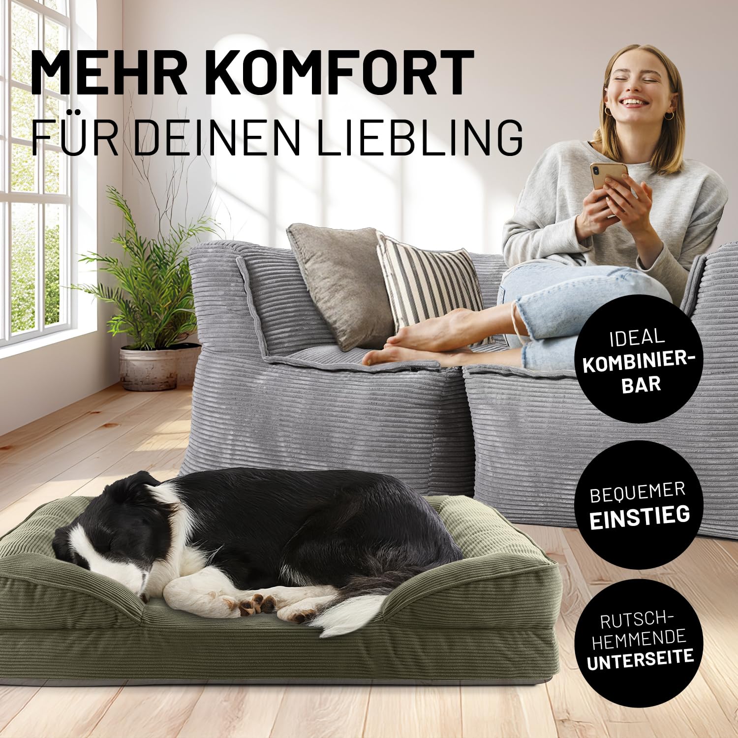Lumaland orthopädisches Hundebett aus Cord | ergonomisches Hundesofa 90x65 cm - für mittelgroße Hunde | Boden rutschfest | Füllung und Bezug waschbar | Hundekörbchen mit Memory Schaumstoff