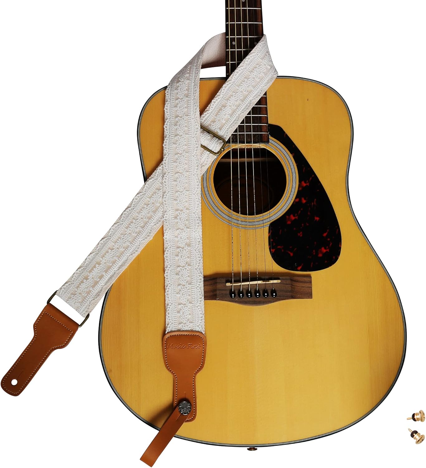 MUSIC FIRST Original Design, 2 inch width (5cm), White Graceful & Vintage Lace Soft Lace & Genuine Leather Delux Guitar Strap, Electric Guitar Strap (White)