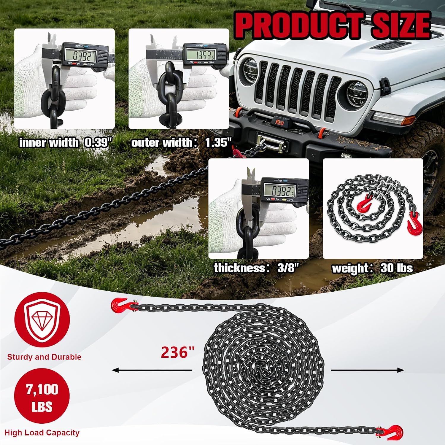 3/8 Chain Heavy Duty Tow Chain with Hooks G80 20FT 7,100LB WLL Black Oxide