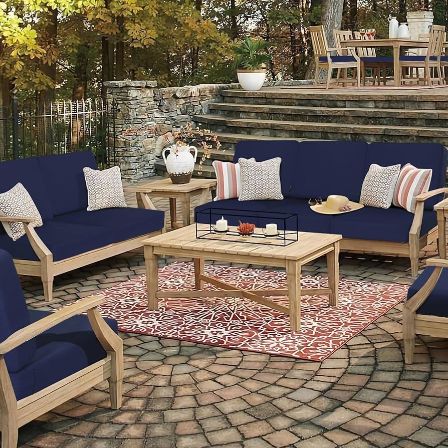 ネイビーブルー長方形屋外用ディープシートクッション2ピースソフトな