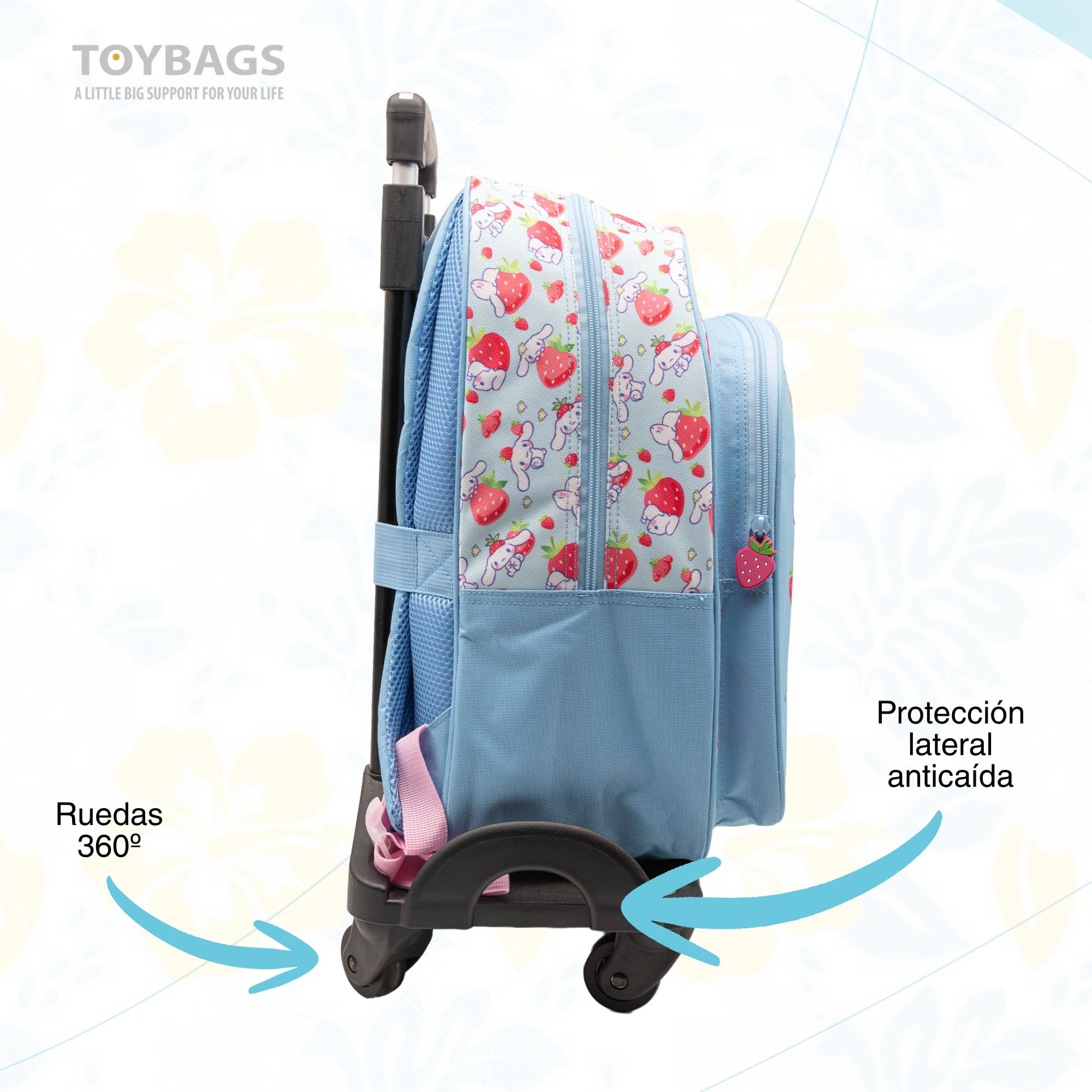 TOYBAGS Mochila Escolar Cinnamoroll -DOBLE COMPARTIMENTO-Compartimento portalaptop + CARRO NEGRO PROTECCION LATERAL Y STOPER FRONTAL 4 ruedas giratorias - 44 X 30 X 20 CM