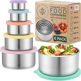 Stainless Steel Containers with Lids - 6 Pack, Bright - Metal Nesting Tins | Everusely meal prep containers are reusable, space-saving and portable with leakproof lids for colorful food organization.
