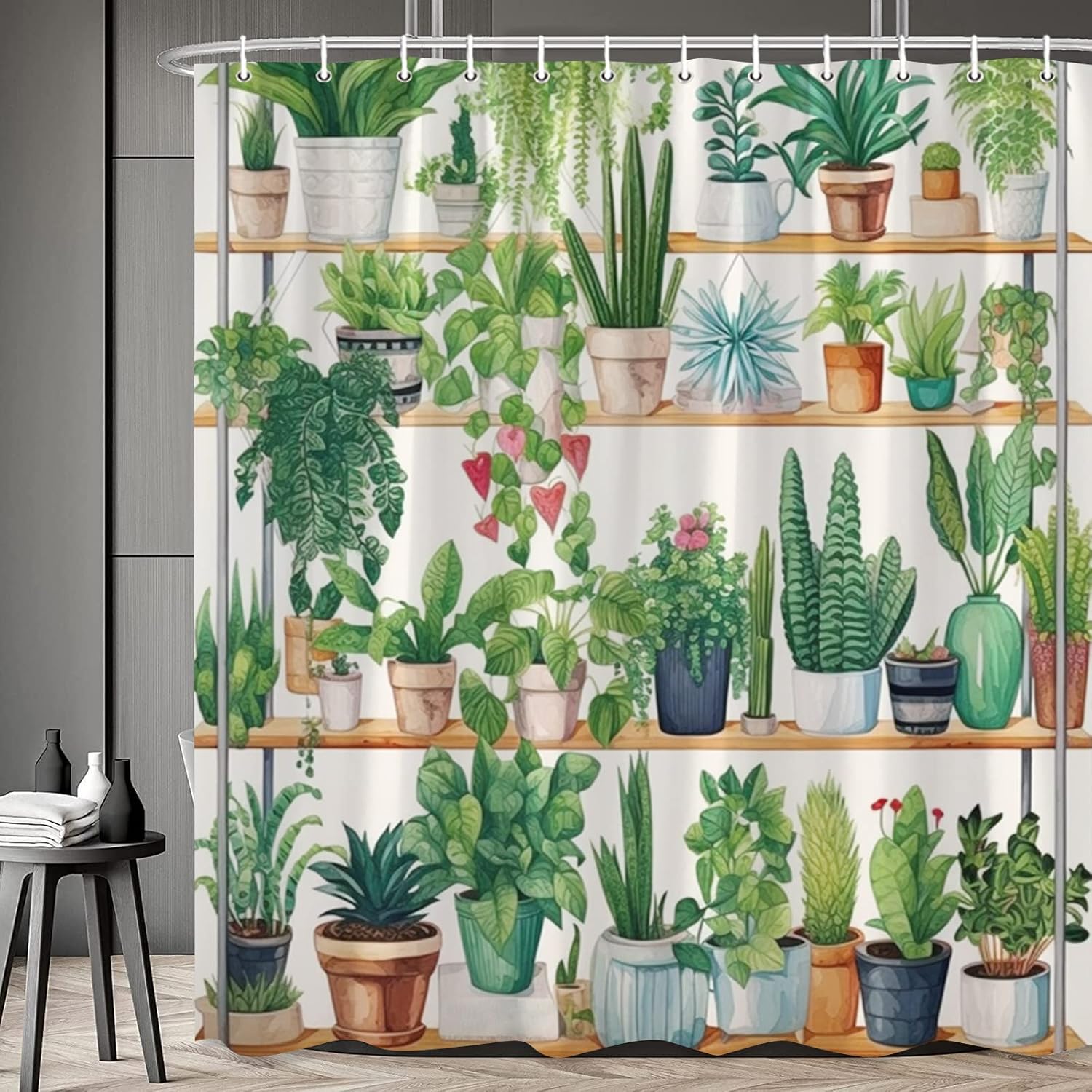 Green Plants Bohemian Shower Curtain Succulent Tropical Plants Watercolour Bathroom Curtain Greenhouse Cute Potted Plants Modern Art Bathtub Decor with Hooks 108 x 70 in
