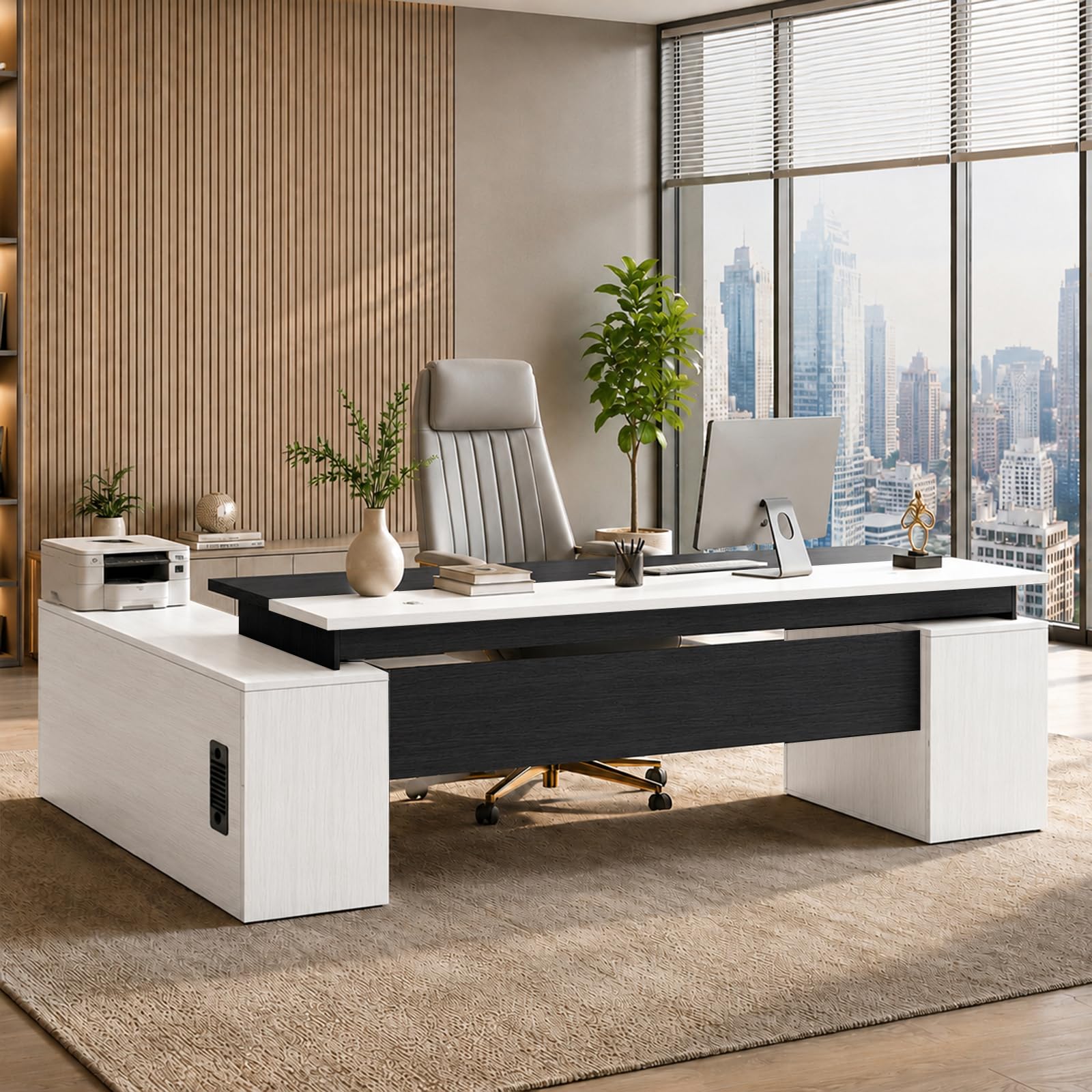 Escritorio Ejecutivo en L con Armario de Almacenamiento y 3 Cajones, Mesa de Oficina con Gestión de Cables, Escritorio para Ordenador con Estantes y Espacio para CPU, Mueble de Oficina Moderno