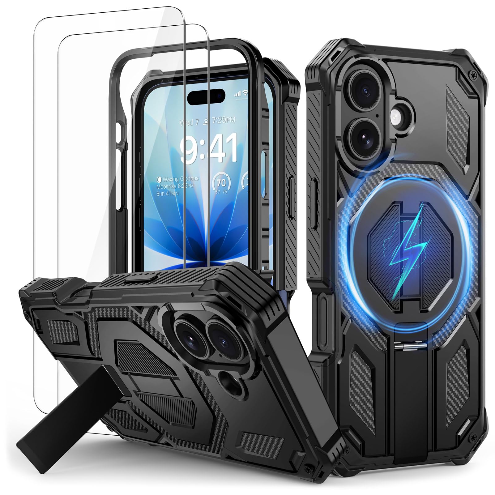 Lanhiem Magnética Funda para iPhone 17 con Soporte & 2 Protector de Pantalla, [Compatible con MagSafe], Antigolpes Militar Grado Carcasa para iPhone 17, Negro