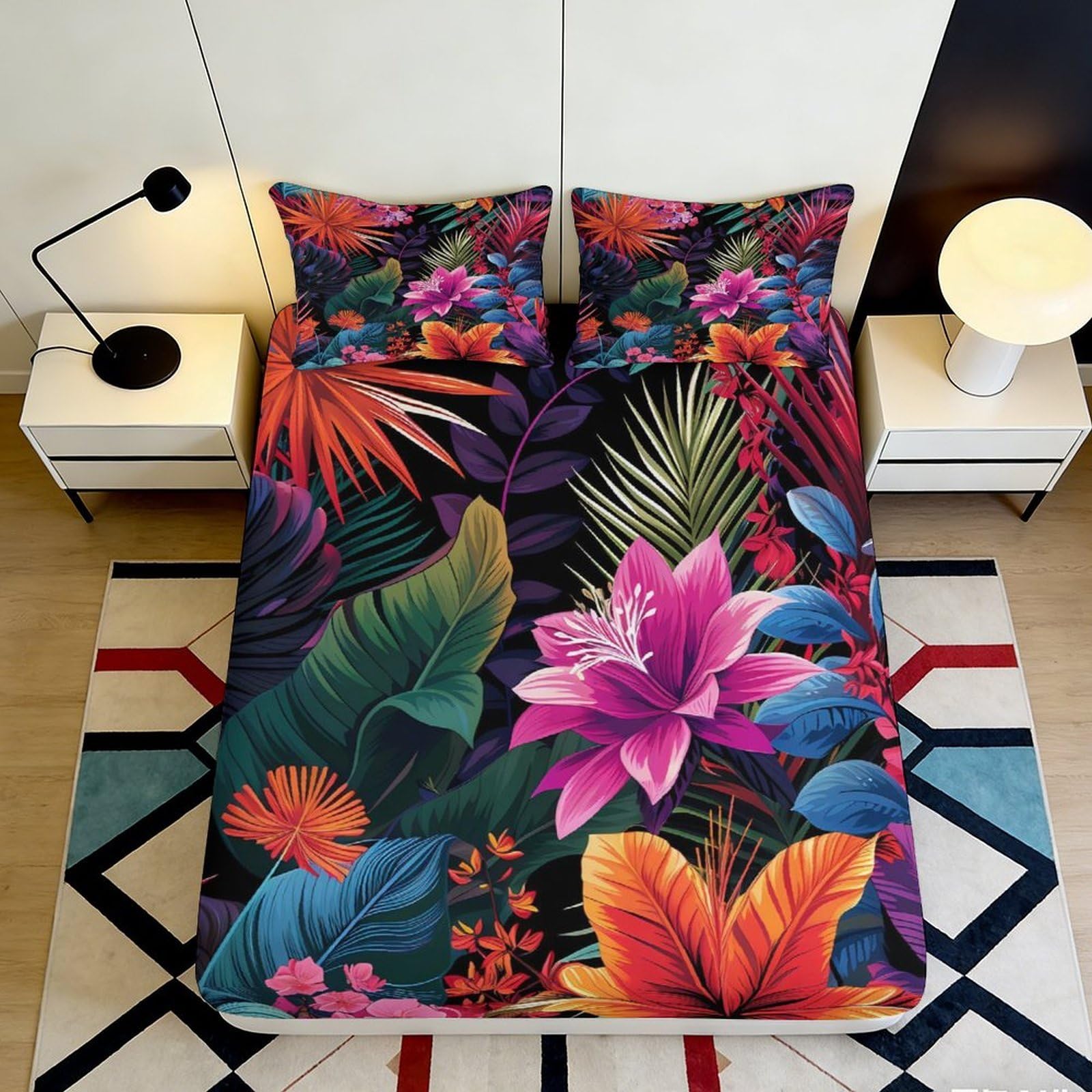 3D Printed Tropical Flower Fitted Sheet Microfiber Soft Vibrant Leaf Mattress Cover for Bedroom Guest Room Decor 90x200x25cm