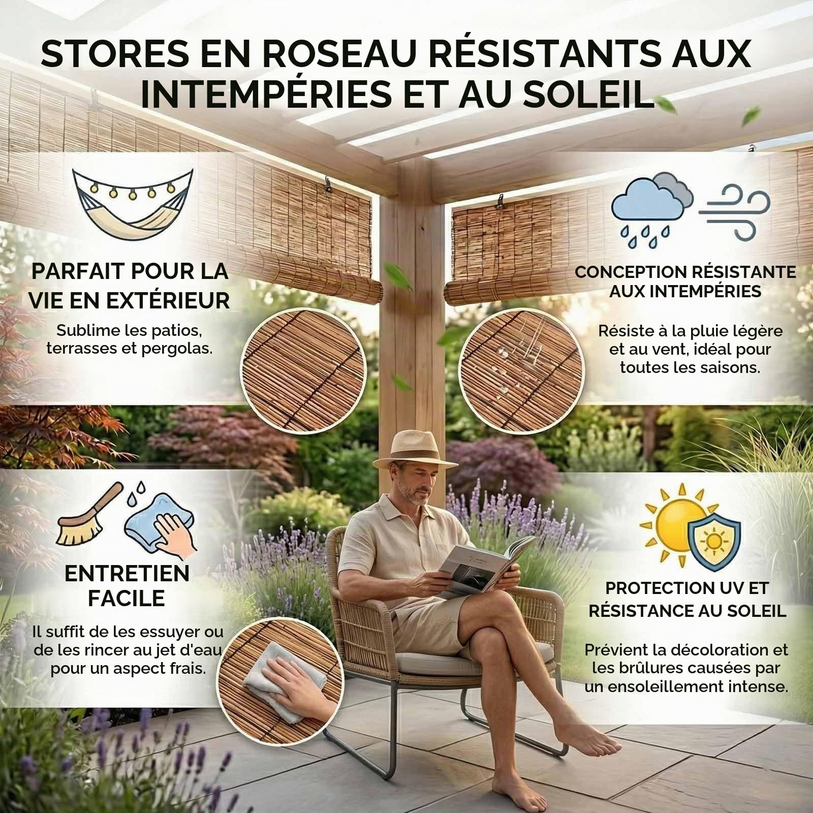 Store Bambou Extérieur, Store Enrouleur sans Perçage en Roseau, Rideau Thermique Anti Chaleur Et Occultant pour Balcon Et Terrasse(W125 x H215 cm)
