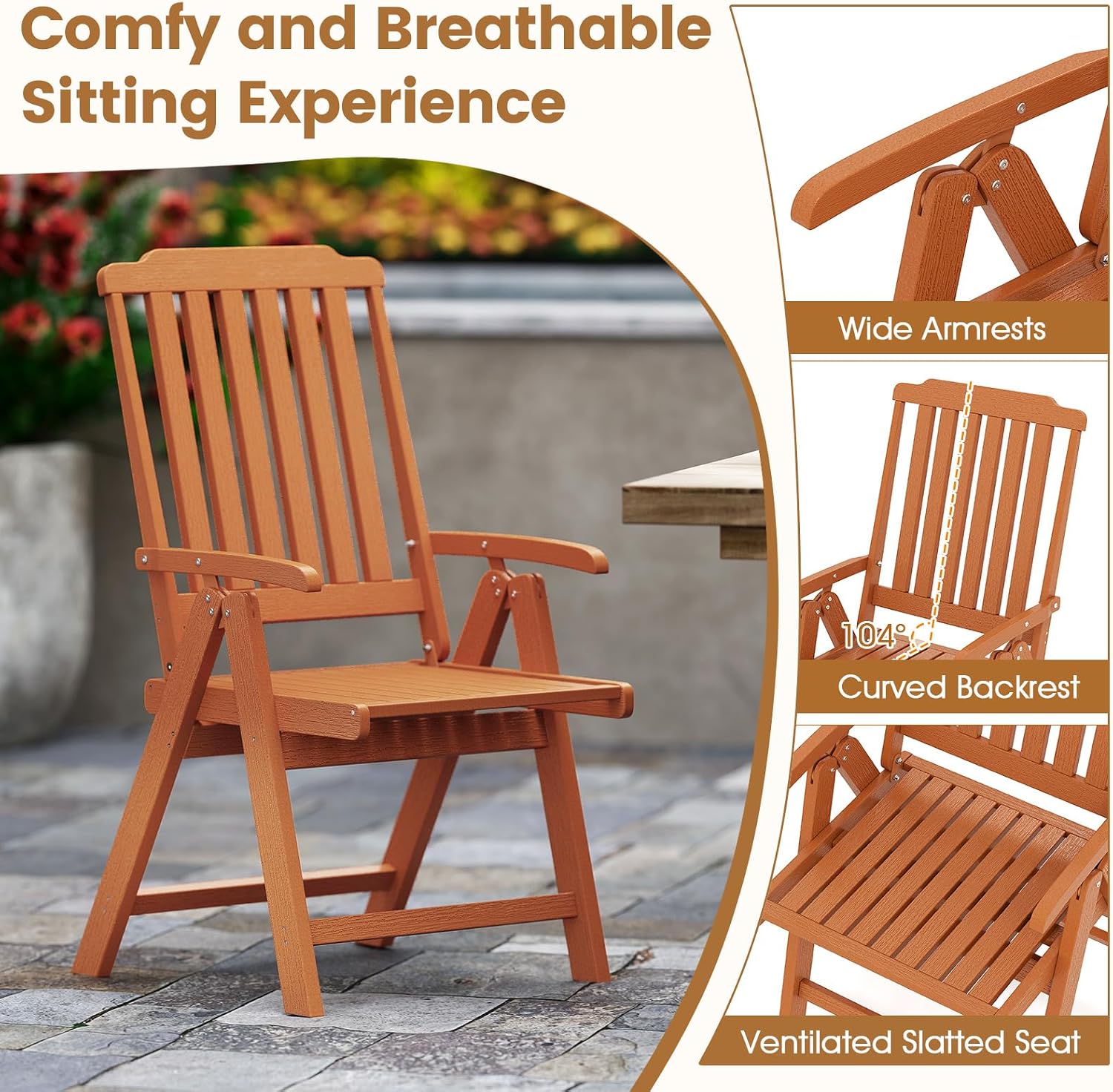 Tangkula Foldable Patio Chair, All-Weather HDPE Outdoor Dining Chair w/Armrest, Curved Back, Slatted Seat, Heavy-Duty Plastic Armchair for Yard Deck Garden Lawn Porch, Load 330 LBS (Brown, 1 Pack)