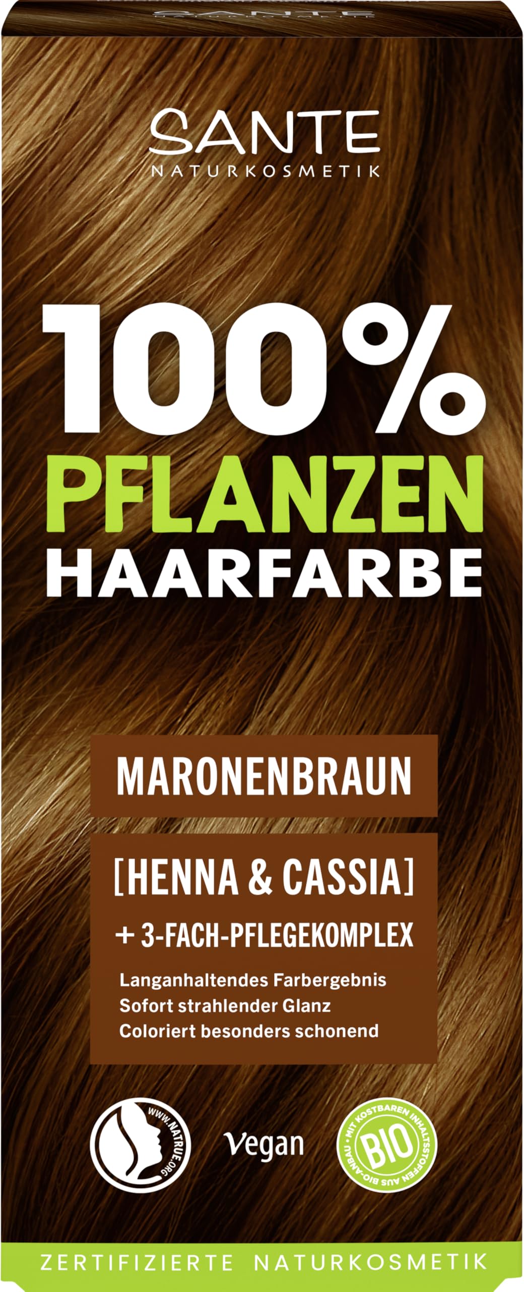 SANTE Naturkosmetik Coloración vegana para el cabello 100% vegetal, color marrón 08, coloración vegana con henna y casia, color marrón duradero, cobertura de canas natural y brillo, con complejo de Natrue