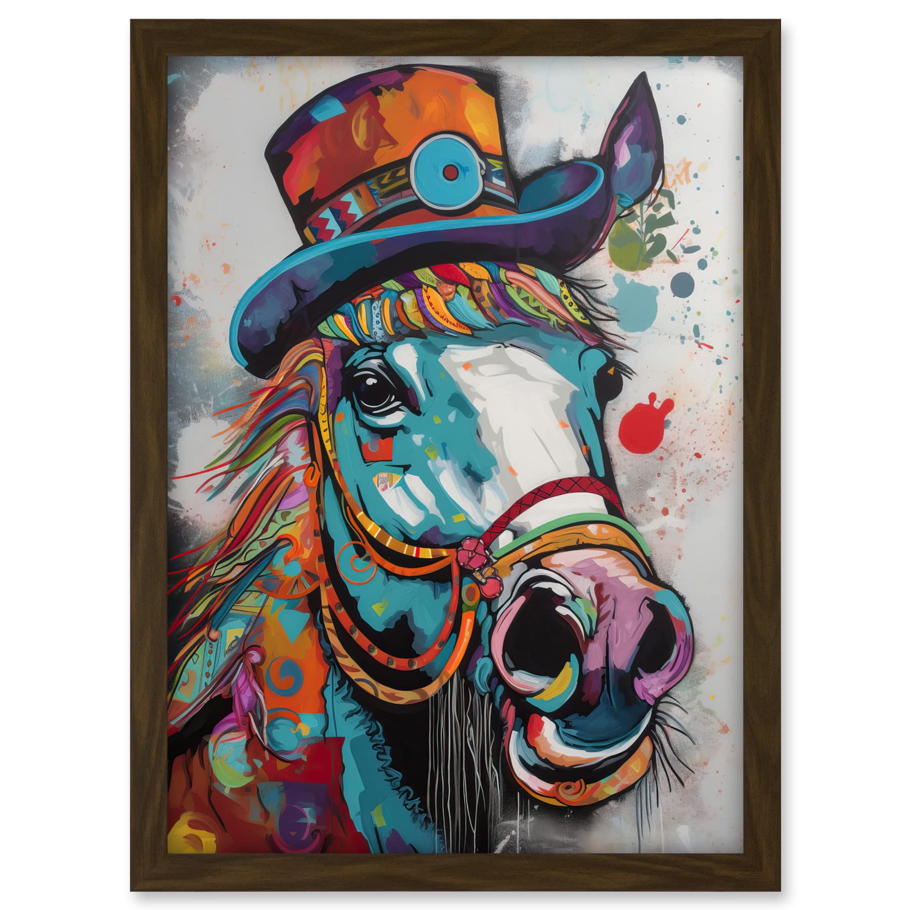 Artery8 Horse Hippie in Multicoloured Bridles and Top Hat Artwork Framed A3 Wall Art Print