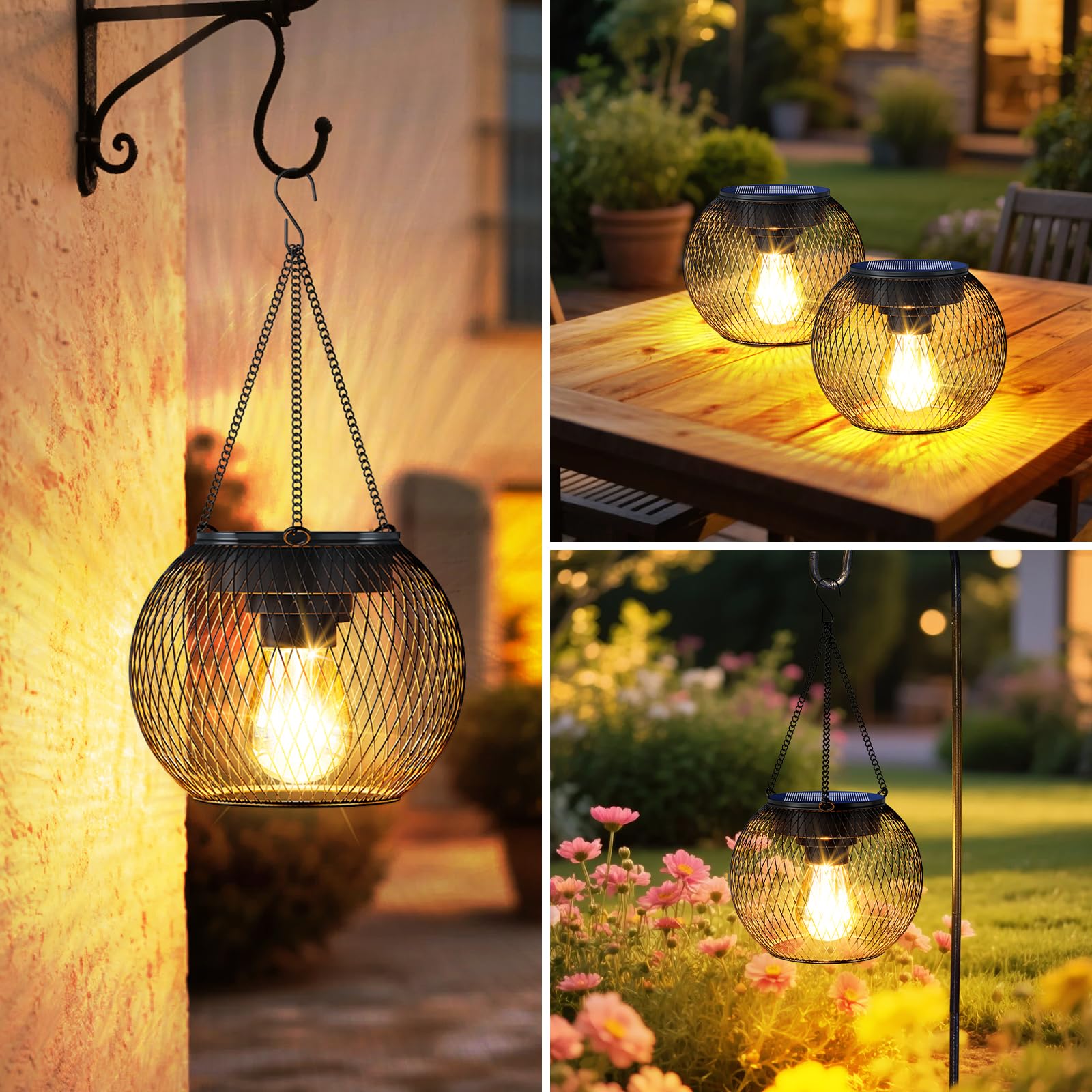 Farol solar para exteriores, luces colgantes mejoradas para jardín, faroles de metal, iluminación decorativa, impermeable, árbol para patio, camino, paquete de 2