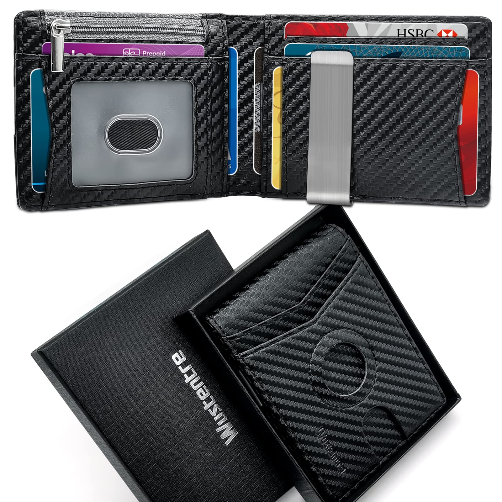 WustentreMens Slim Airtag Wallet with Money Clip & Zipper Coin Pocket, Minimalist RFID Blocking Bifold Credit Card Holder Wallet, Mens Slim Front Pocket Wallet with AirTag Slot (Pocket Black)