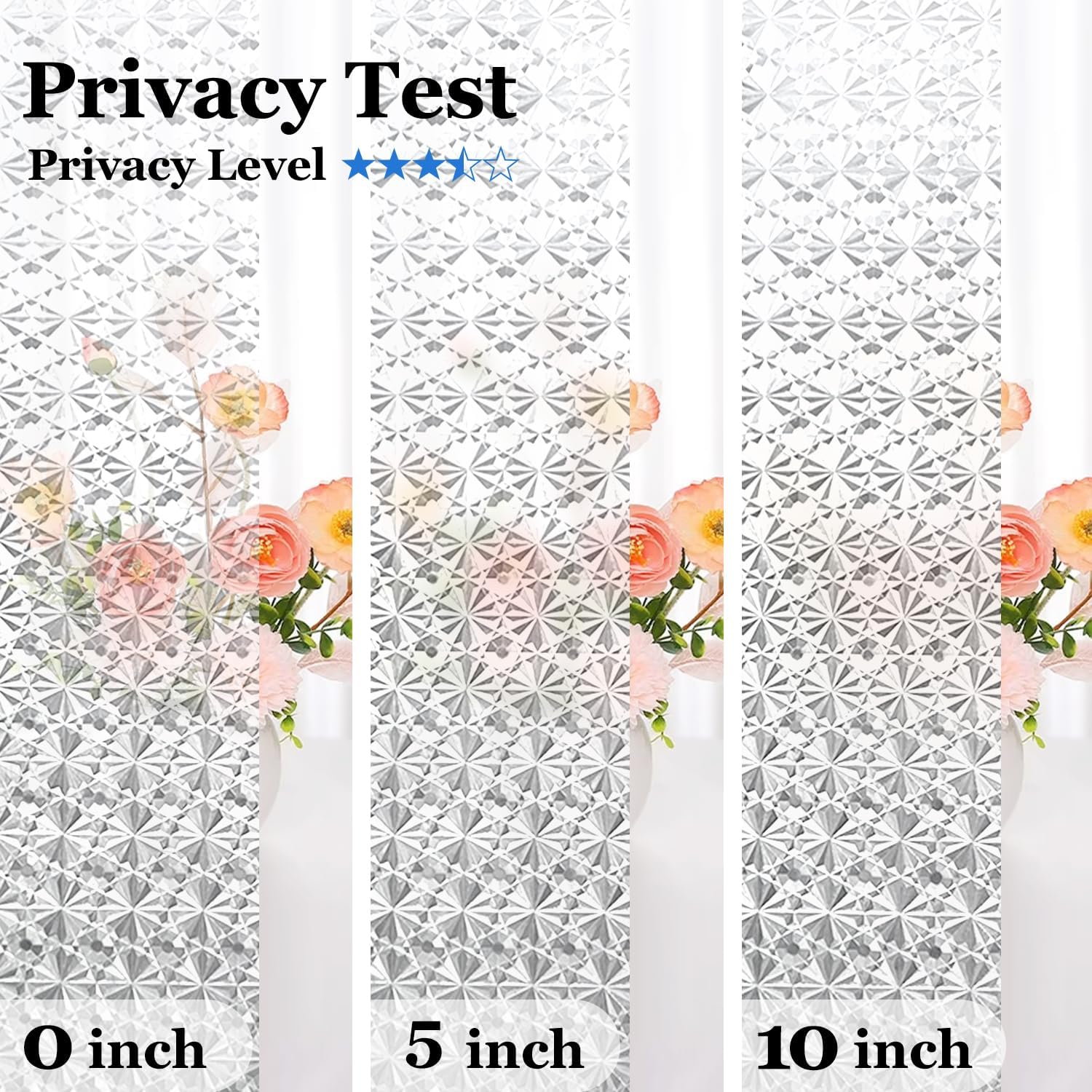 Window Privacy Film Frosted Privacy Window Film 3D Diamonds Glass Film Opaque Window Film for Glass Non Adhesive Removable Window Sticker for Bathroom Living Room (Flower Shape, 23.6inx118in)
