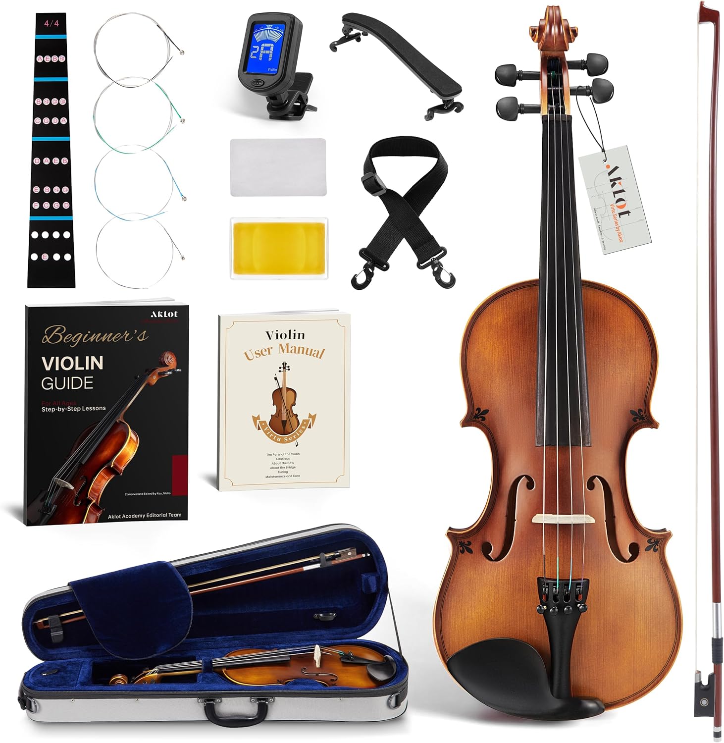 AKLOT Handcrafted Full Size Violin: Solid Wood Matte Fiddle, Acoustic Beginner 4/4 Violin Kit with Hard Case, Lesson Book, Bow, Shoulder Rest, Extra Strings, Tuner, Fretboard Stickers (VRT-AmiMS)