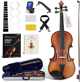 AKLOT Handcrafted Full Size Violin: Solid Wood Matte Fiddle, Acoustic Beginner 4/4 Violin Kit with Hard Case, Lesson Book, Bow, Shoulder Rest, Extra Strings, Tuner, Fretboard Stickers (VRT-AmiMS)