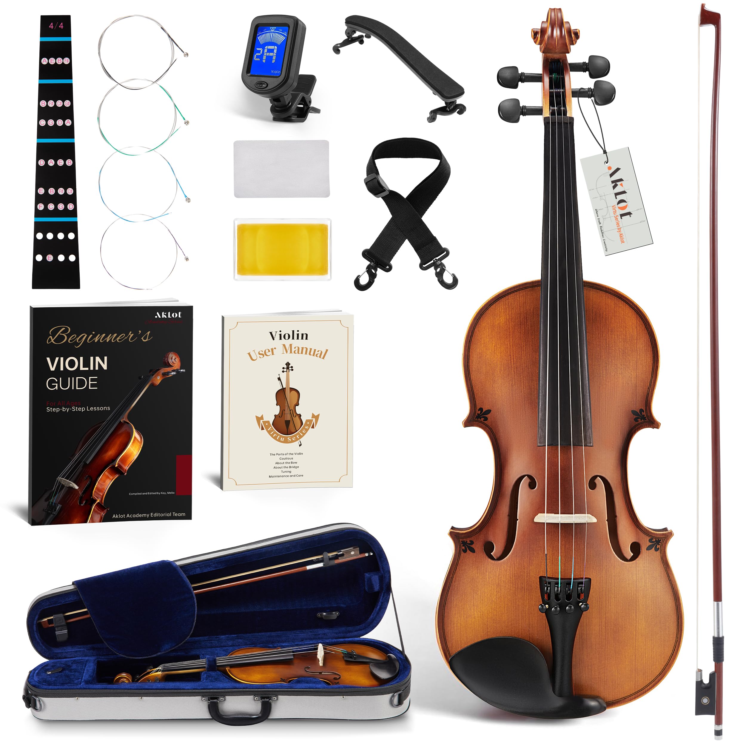 AKLOT Handcrafted Full Size Violin: Solid Wood Matte Fiddle, Acoustic Beginner 4/4 Violin Kit with Hard Case, Lesson Book, Bow, Shoulder Rest, Extra Strings, Tuner, Fretboard Stickers (VRT-AmiMS)