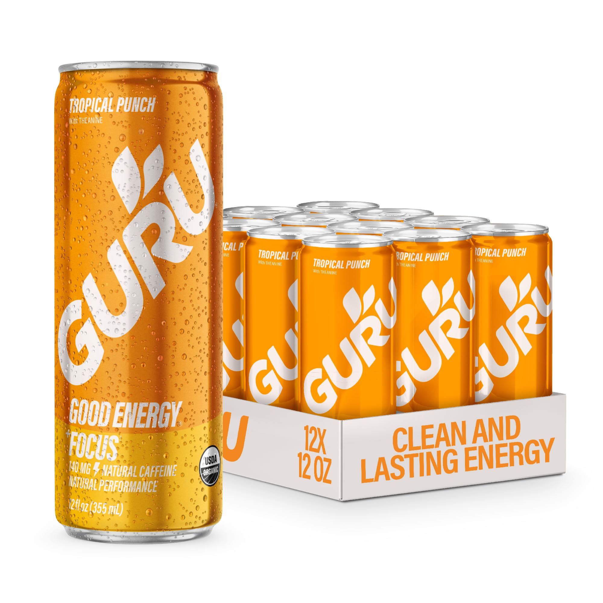 GURU Tropical Punch Organic Energy Drinks, Clean Energy Drink with Plant Based Natural Caffeine from Green Tea + Focus with L Theanine, Gluten Free, 140MG Caffeine, Healthy Drinks, 12oz (Pack of 12)