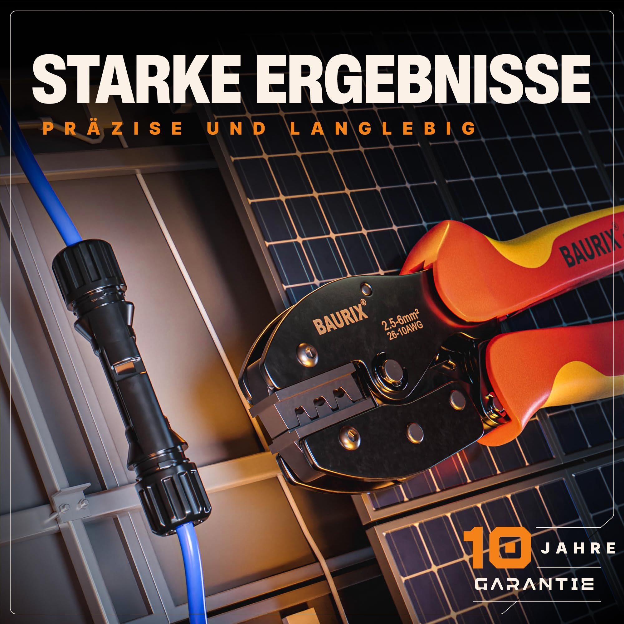 BAURIX® Crimpzangen Set – PERSEUS Aderendhülsenzange 0,25–10 mm², HEKTOR Kabelschuhzange 0,5–6 mm², KAIRON Flachsteckhülsenzange 0,5–2,5 mm² & MAGEC MC4 Solar Crimpzange