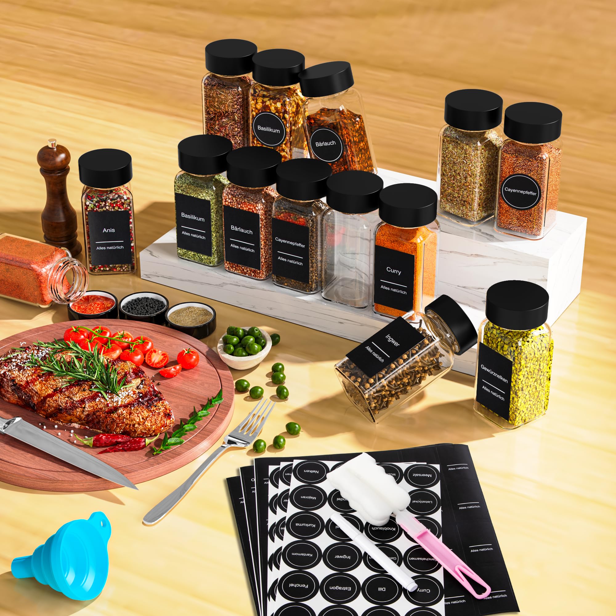 Revivoer 24 stuks kruidenpotjes, 120 ml, glazen specerijenpotjes, rechthoekig, kruidencontainers, set met siliconen trechter, kruidendoos met kruidenetiketten, keukengerei, keukenaccessoires, zwart