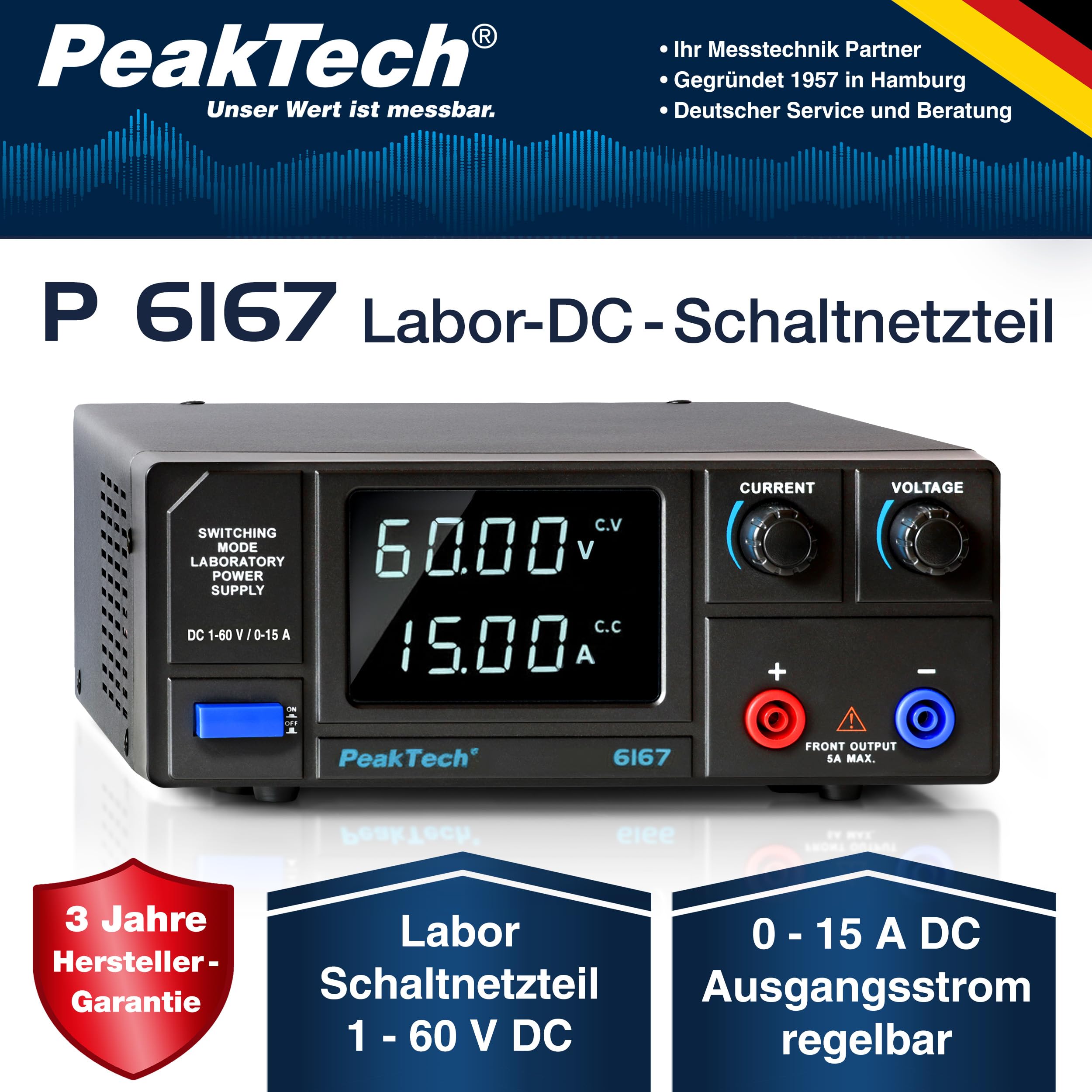 PeakTech 6167 – zasilacz laboratoryjny DC 1-60 V / 0-15 A @ 900 W wyświetlacz segmentu LED, zasilacz High Power z regulowanym napięciem wyjściowym, zasilacz laboratoryjny