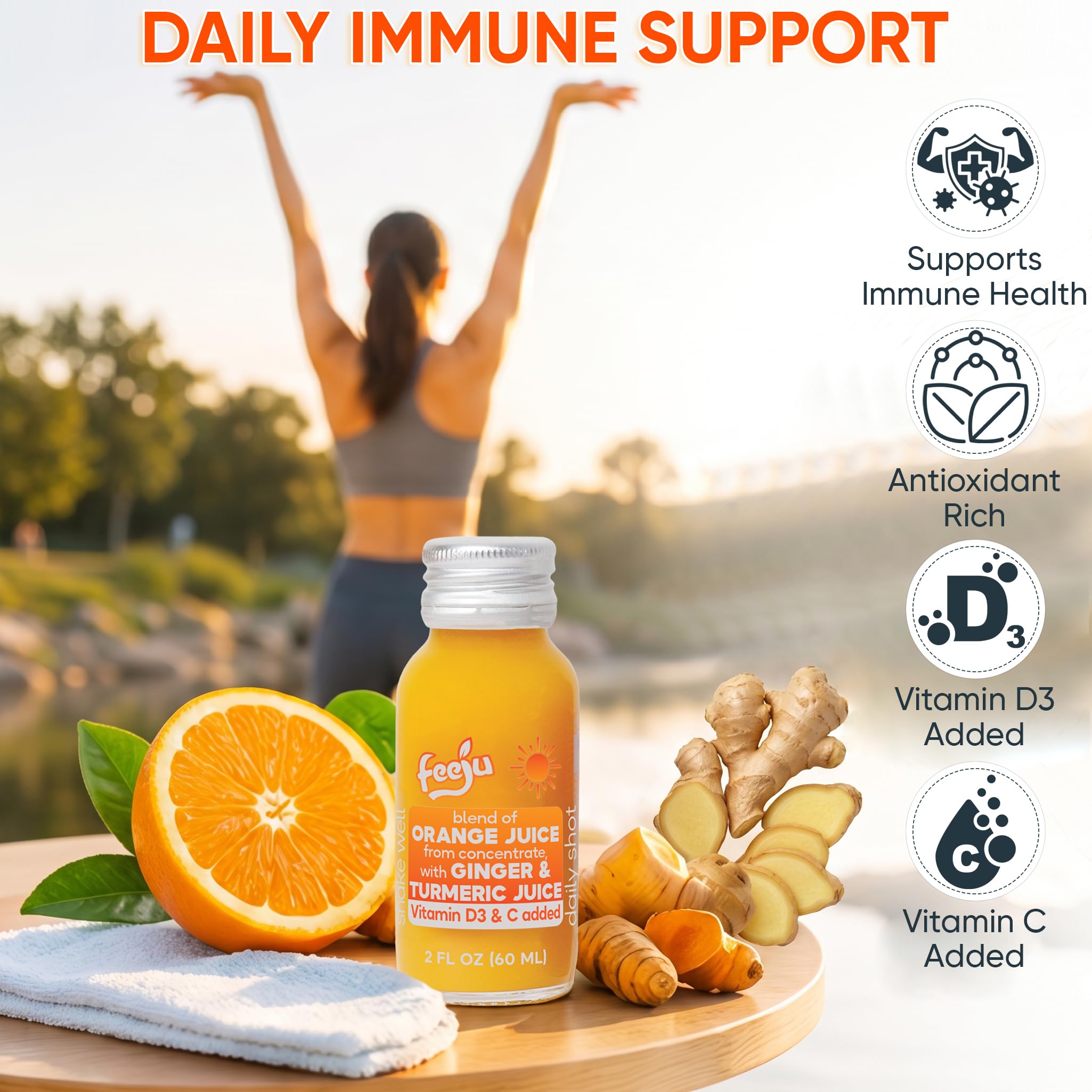 Feeju 15 PCS Orange Ginger Turmeric Shots 60ml | Immune Support & D3 — Amazon image 5