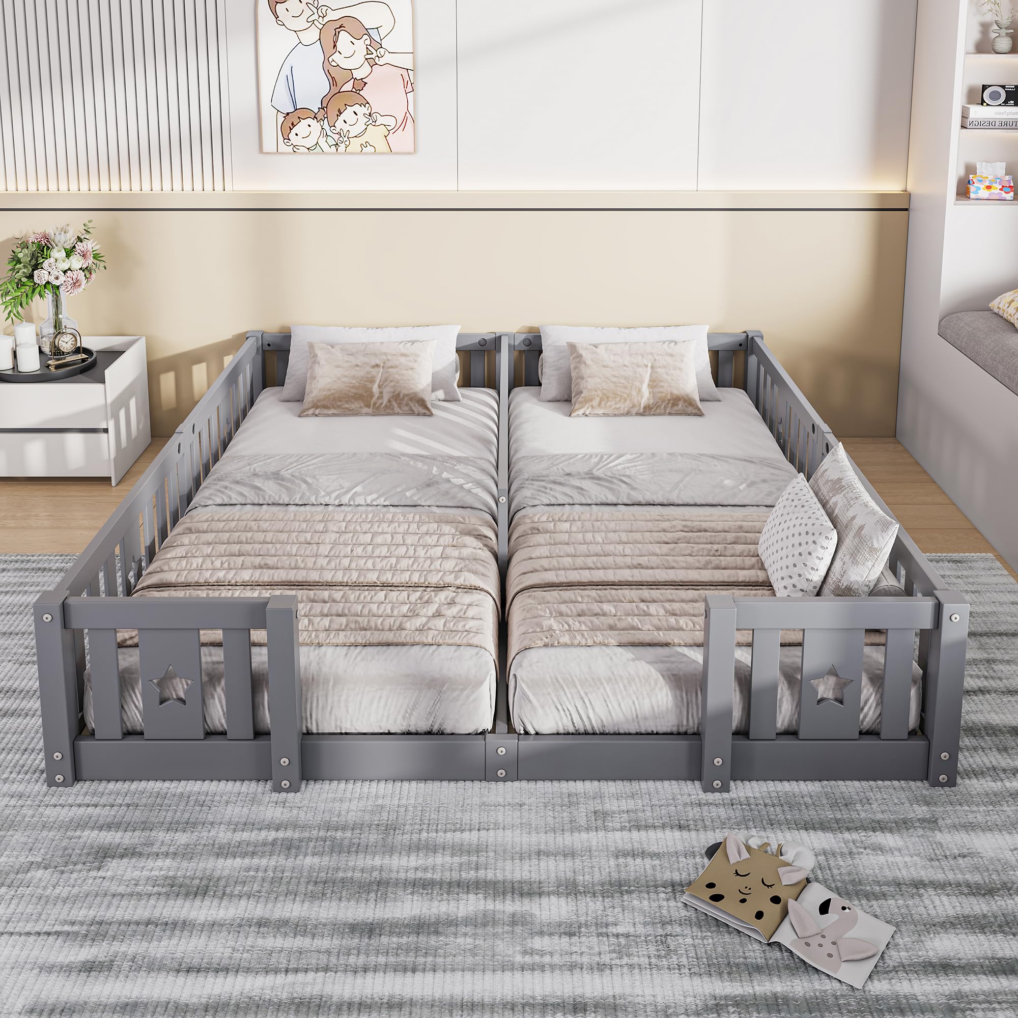 Letto a Terra 90x200 cm, Letto per Bambini a Terra con Barriera, Letto Montessori, Legno Massiccio, Letti Doppi, per Camera di Ragazzi e Ragazze, senza Materasso (Grigio A, 188 * 206 * 40)