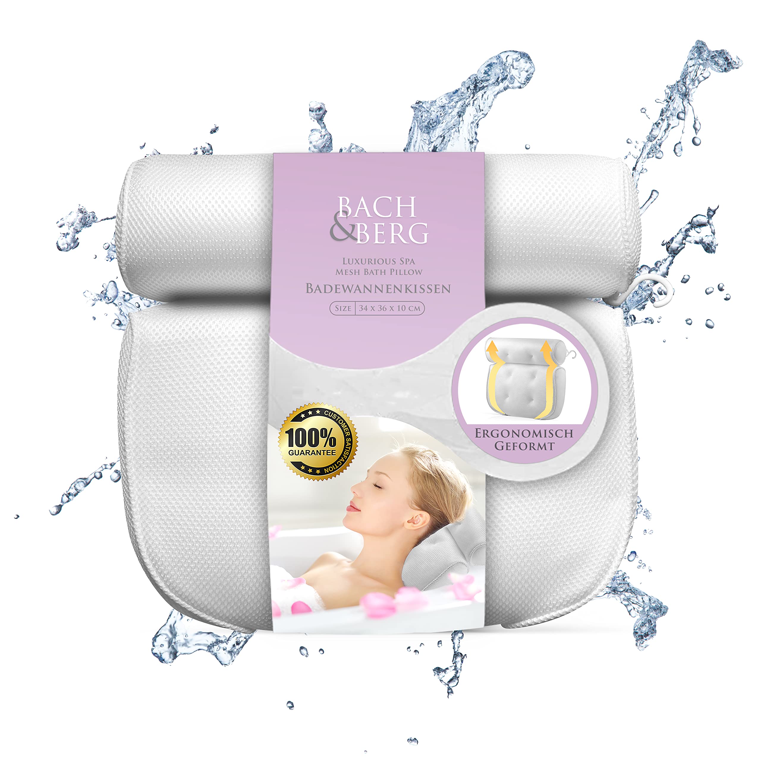 Bach & BergPremium 4D mesh bath pillow with high-quality gift packaging, breathable mesh technology, bathtubs/whirlpool accessories, ergonomic neck pillow, wellness bath pillow