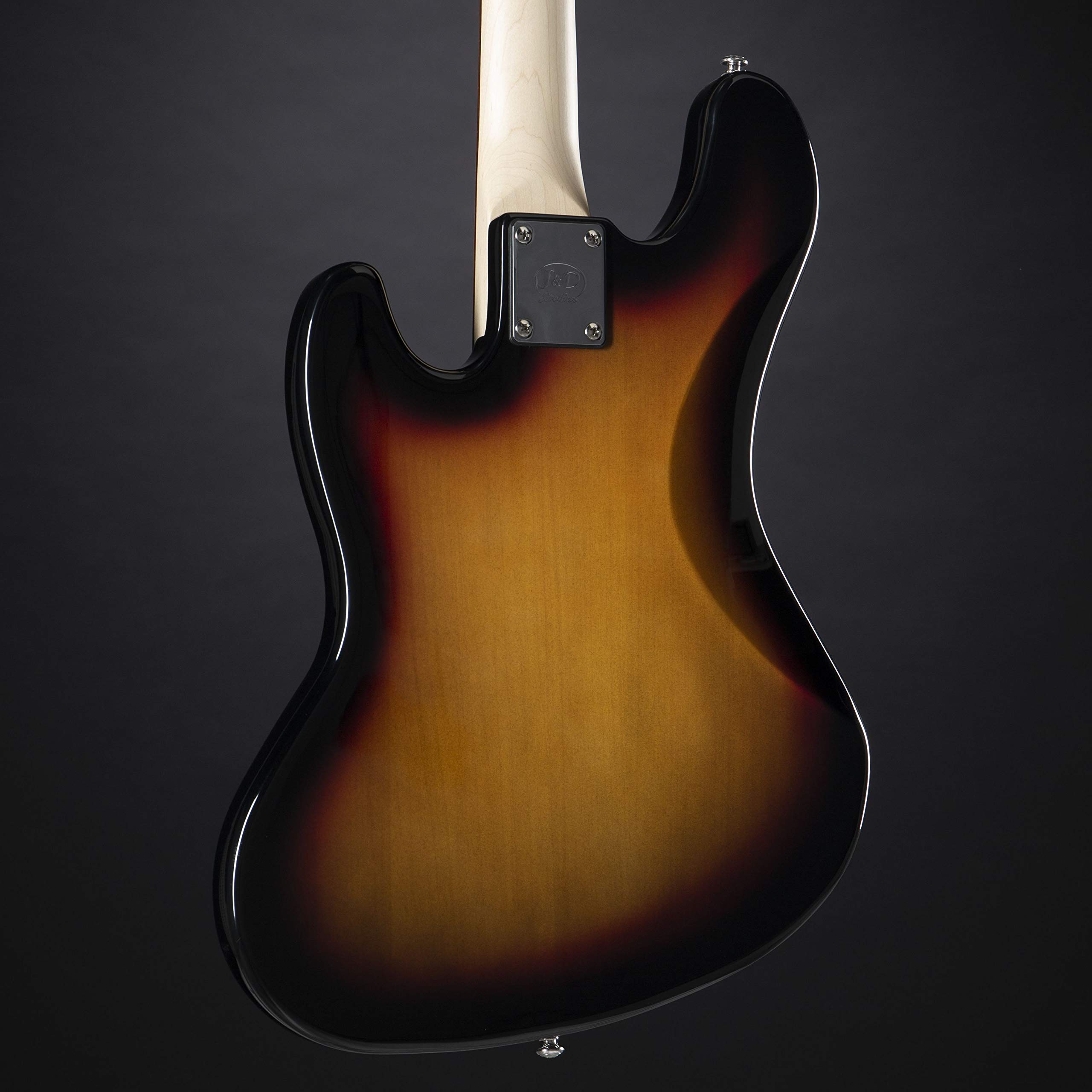 J & D E-Bass, Bass Gitarre mit 4 Saiten und Linde Korpus, JB Bass mit 2 Single Coil Tonabnehmern und passiver Elektronik, 3-Tone Sunburst