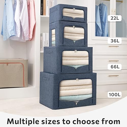 Miniatura 7 de Paquete de 3 contenedores de almacenamiento de ropa, caja de almacenamiento plegable grande con marco de metal, organizador apilable de tela de lino