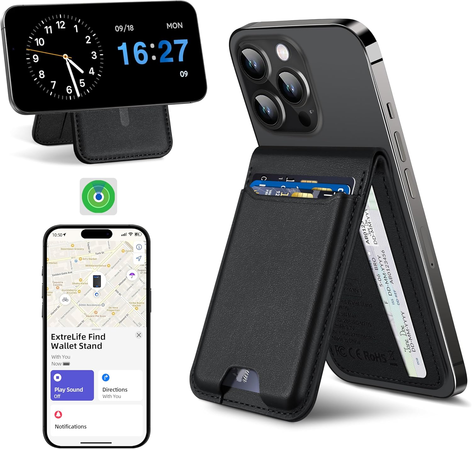 MagSafe Wallet for iPhone 12-17: Strong Magnetic, Find My Compatible, 6 Card Holder, Adjustable Stand – Midnight Black