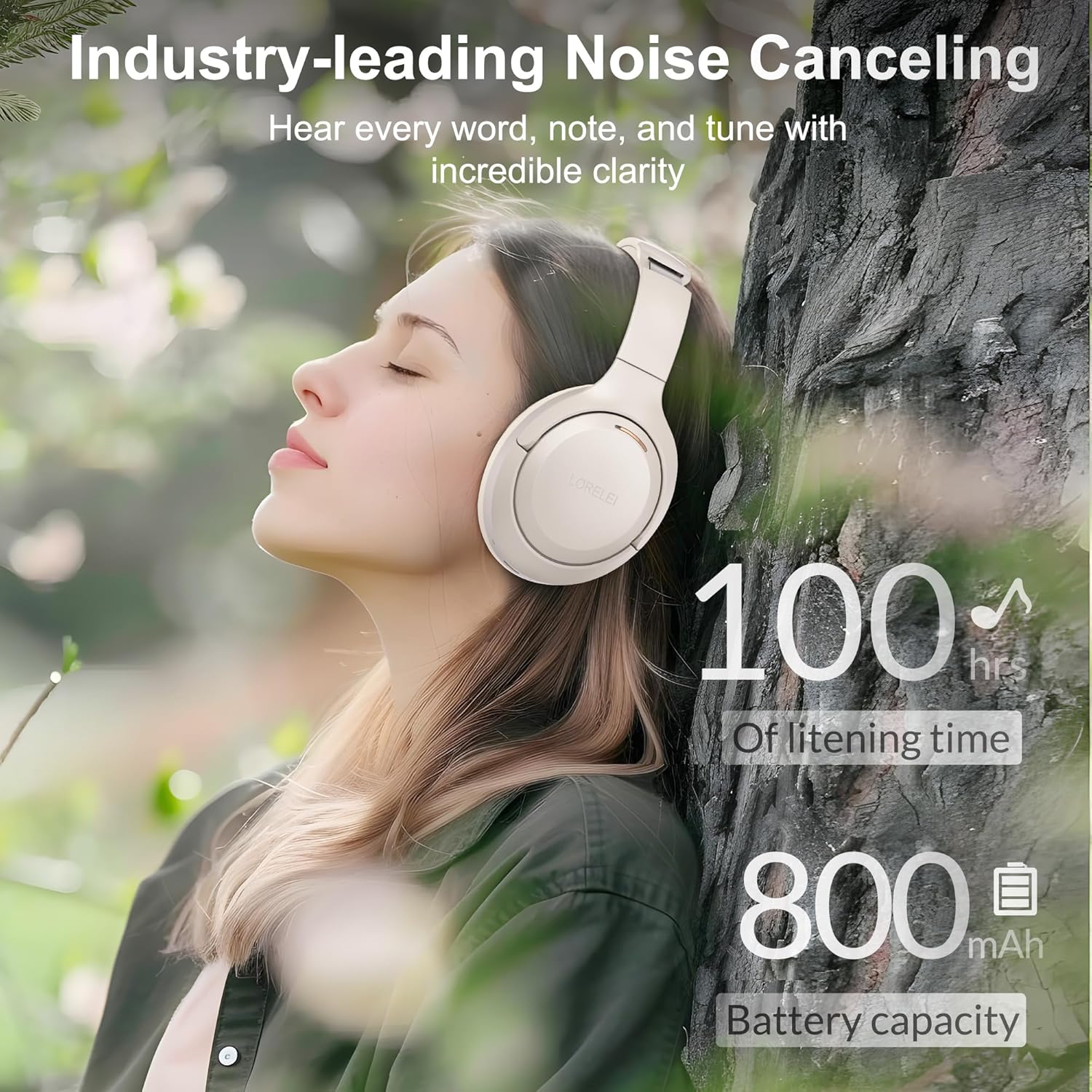 LORELEI QC60 Hybrid Active Noise Cancenlling Headphones,Wireless Over Ear Bluetooth Headsets with mic,100H Playtime ，3 EQ Mode Deep Bass, Memory Earmuffs,for Travel Home Office(Beige White) - Image 5