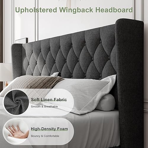 Miniatura 53 de Feonase Base de cama de tamaño matrimonial con cabecera tapizada con respaldo de ala, plataforma y soporte de listones de madera resistente, fácil