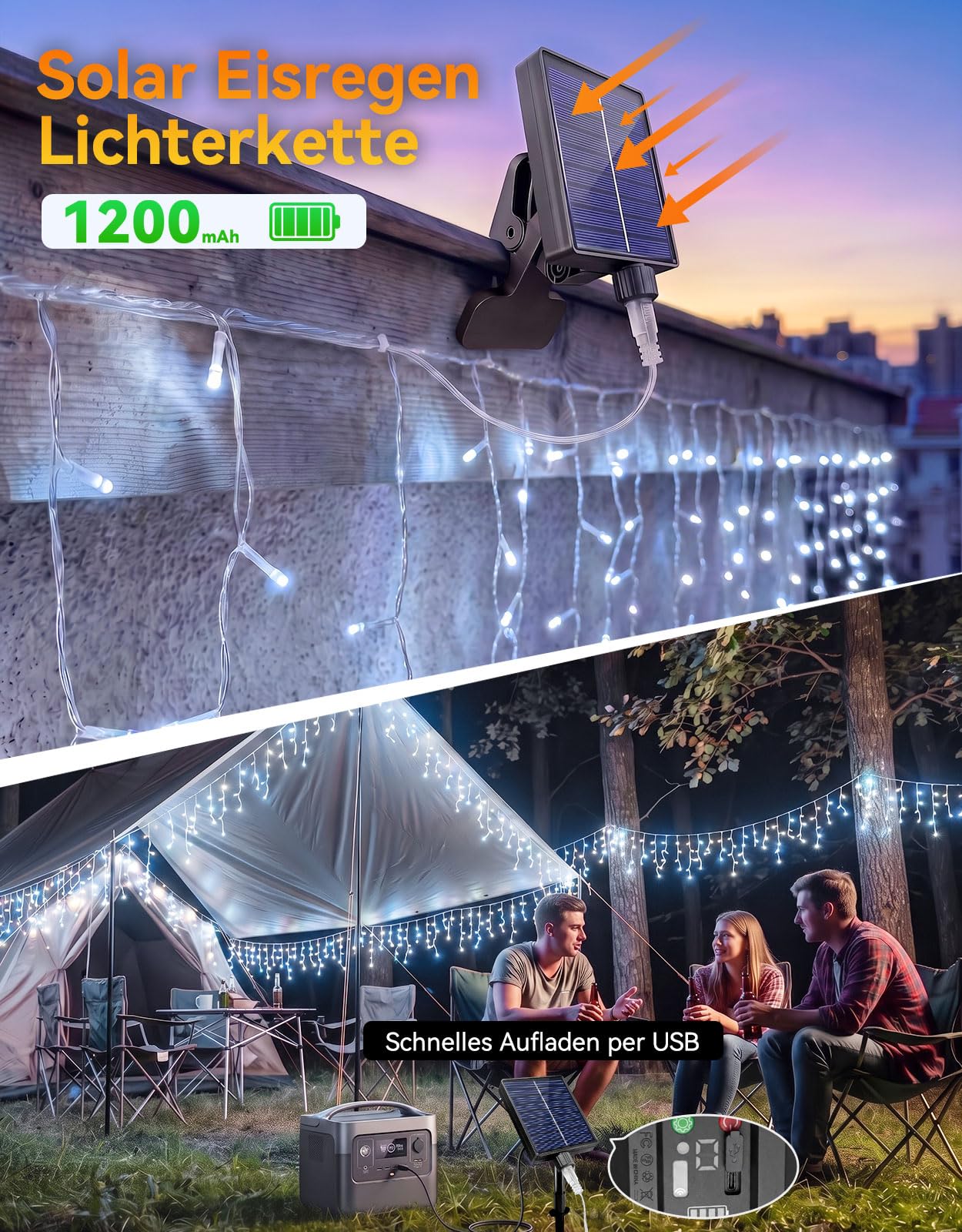 360 LED 18m Solar Eisregen Lichterkette Weiß mit USB | Weihnachten Solar Lichterkette Outdoor 8 Modi Timer，Wetterfest Lichtervorhang mit Fernbedienung für Party Balkon Vorbau
