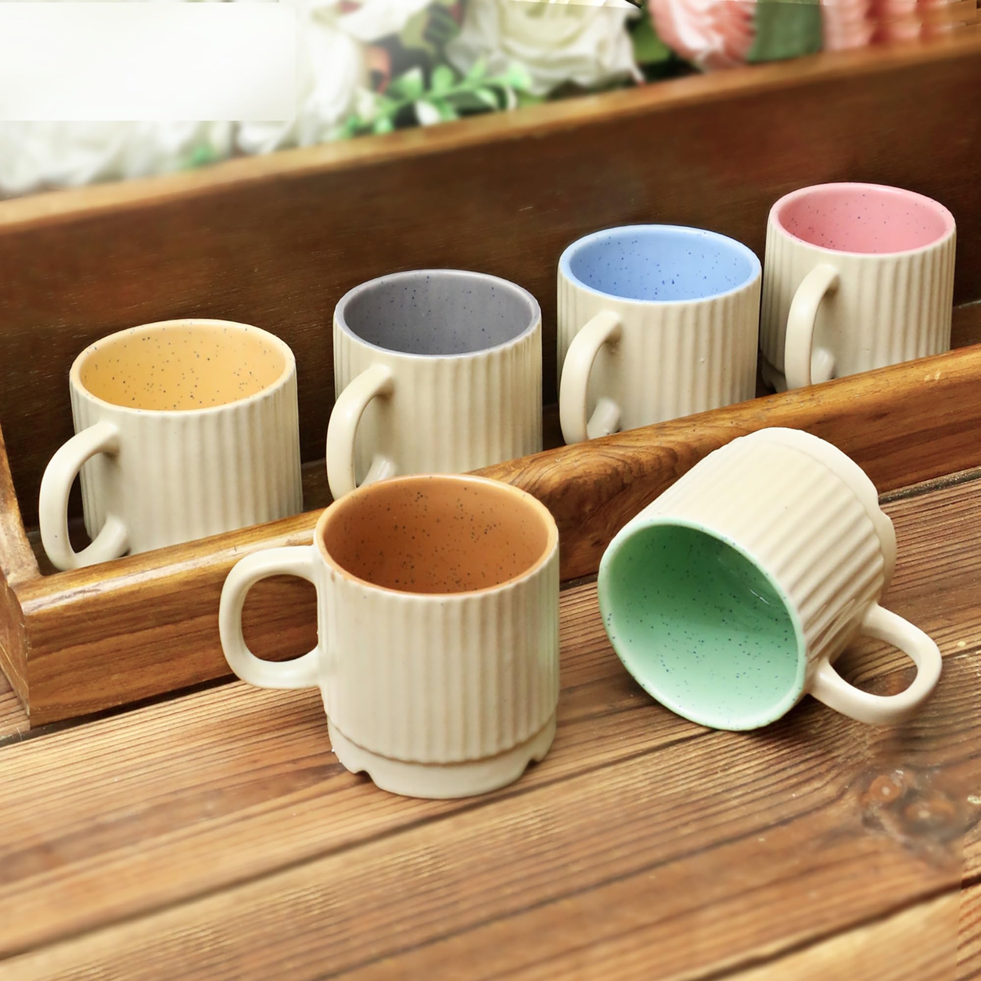 IZZYLYF 'BrewNest Classic Multicolor' Ceramic Cups Set of 6 (200 ml) | Microwave & Dishwasher Safe with Handle for Tea, Coffee & Chai | Ideal for Gifting, Home, Cafe & Office
