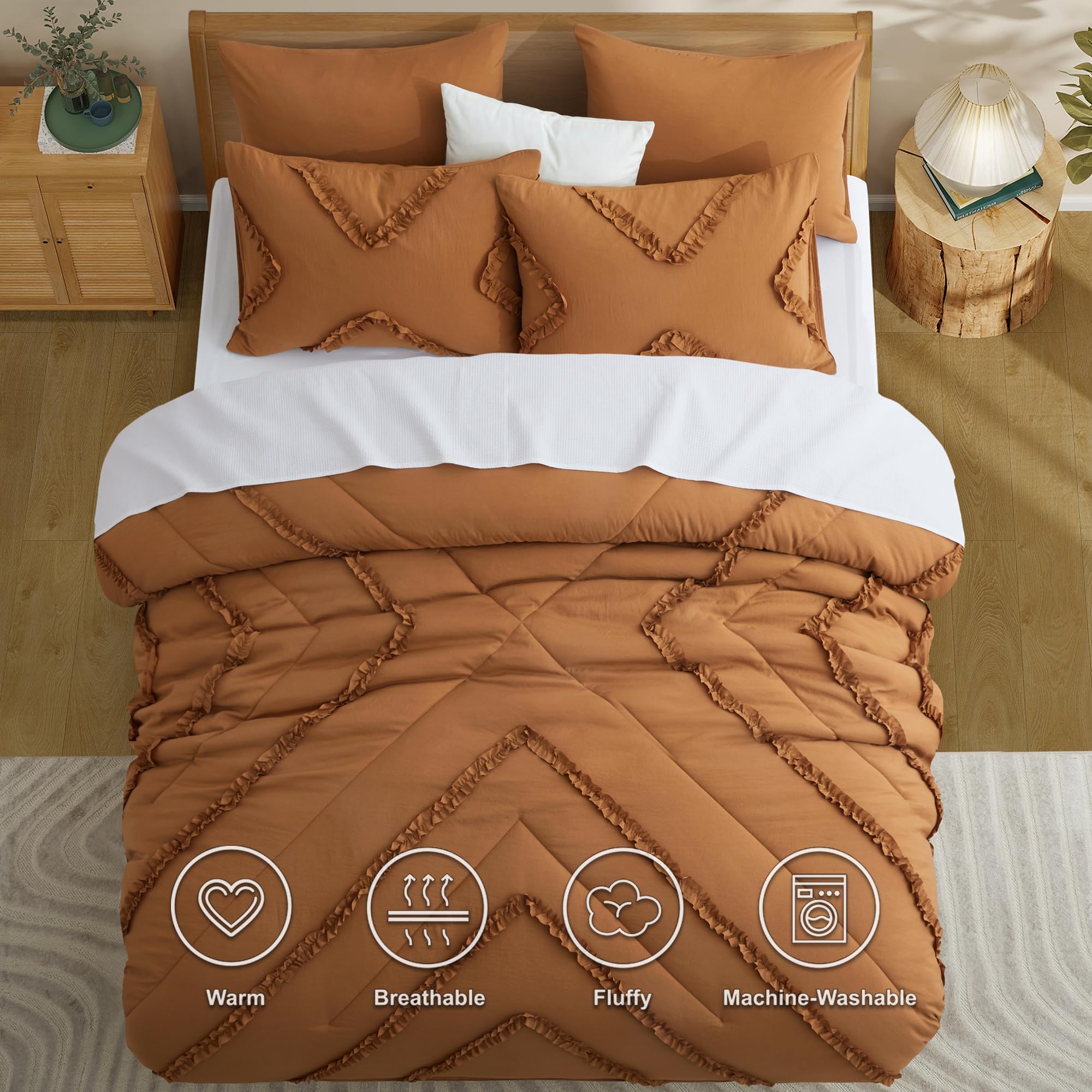 BEDAZZLED King Comforter Set - Pumpkin Brown Ruffle Comforter 5PCS Bed in a Bag, Textured Bed Comforter Chic Fluffy Bedding Set (2 Ruffle Pillowcases and 2 Solid Color Pillowcases)