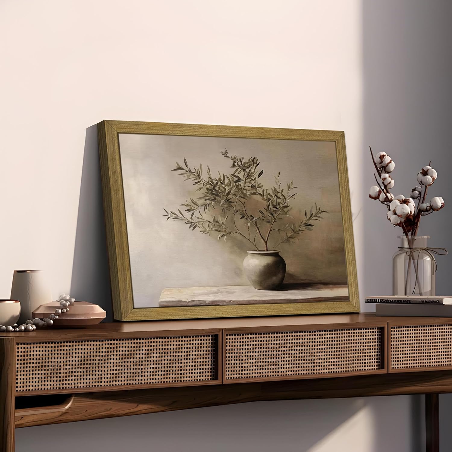 Wood Framed Olive Tree Canvas Wall Art, Minimalist Botanical Plant Vase Painting, Rustic Farmhouse Neutral Still Life Print Picture for Living Room Bedroom Kitchen Office Home Wall Decor 12x16 inch