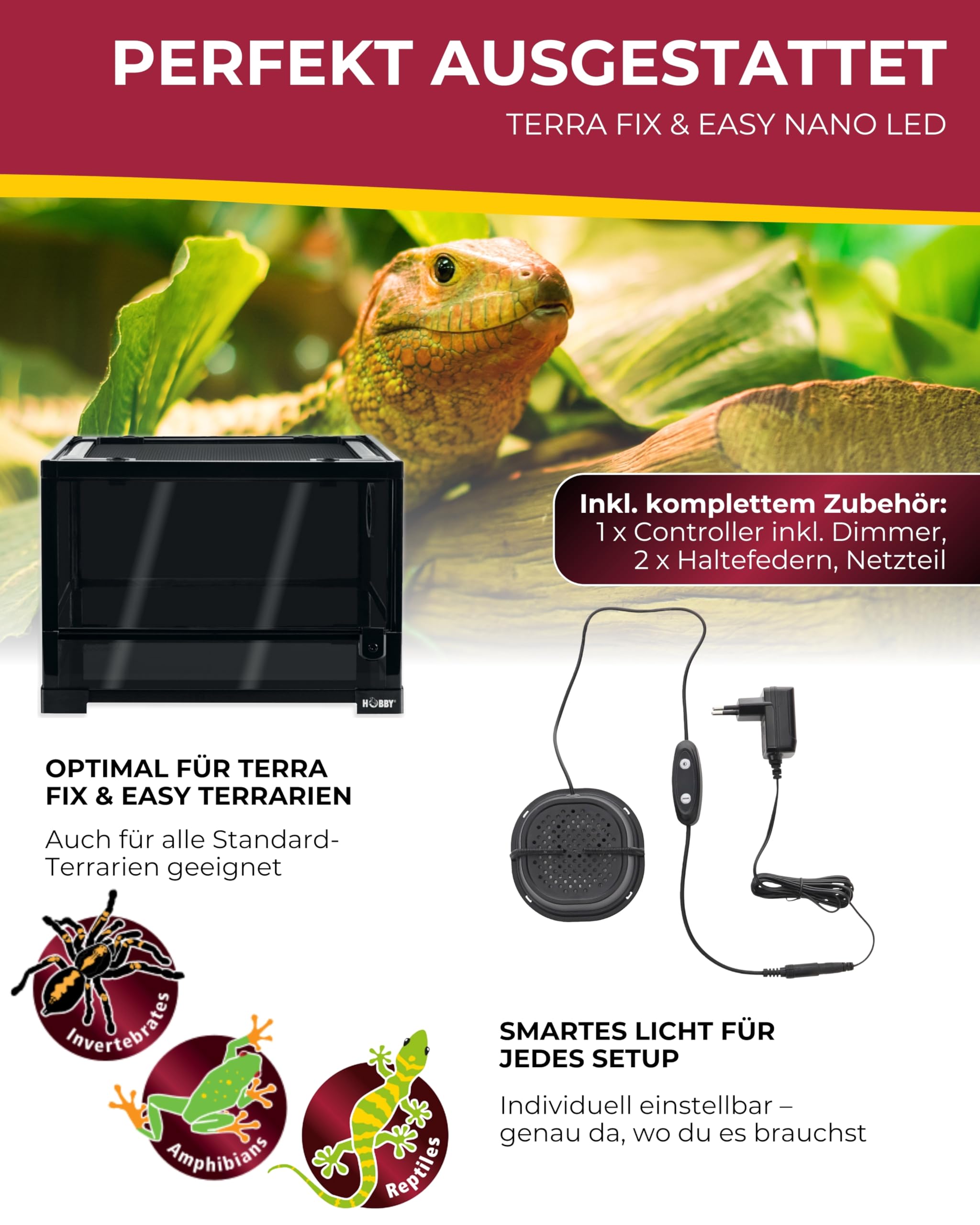 Hobby Terraristik Terra Fix & Easy Nano LED I dimmbare LED-Beleuchtung für Terrarien I Terrarium Lampe mit Einstellbarer Farbtemperatur I Terrarienbeleuchtung für Reptilien, Amphibien und Pflanzen