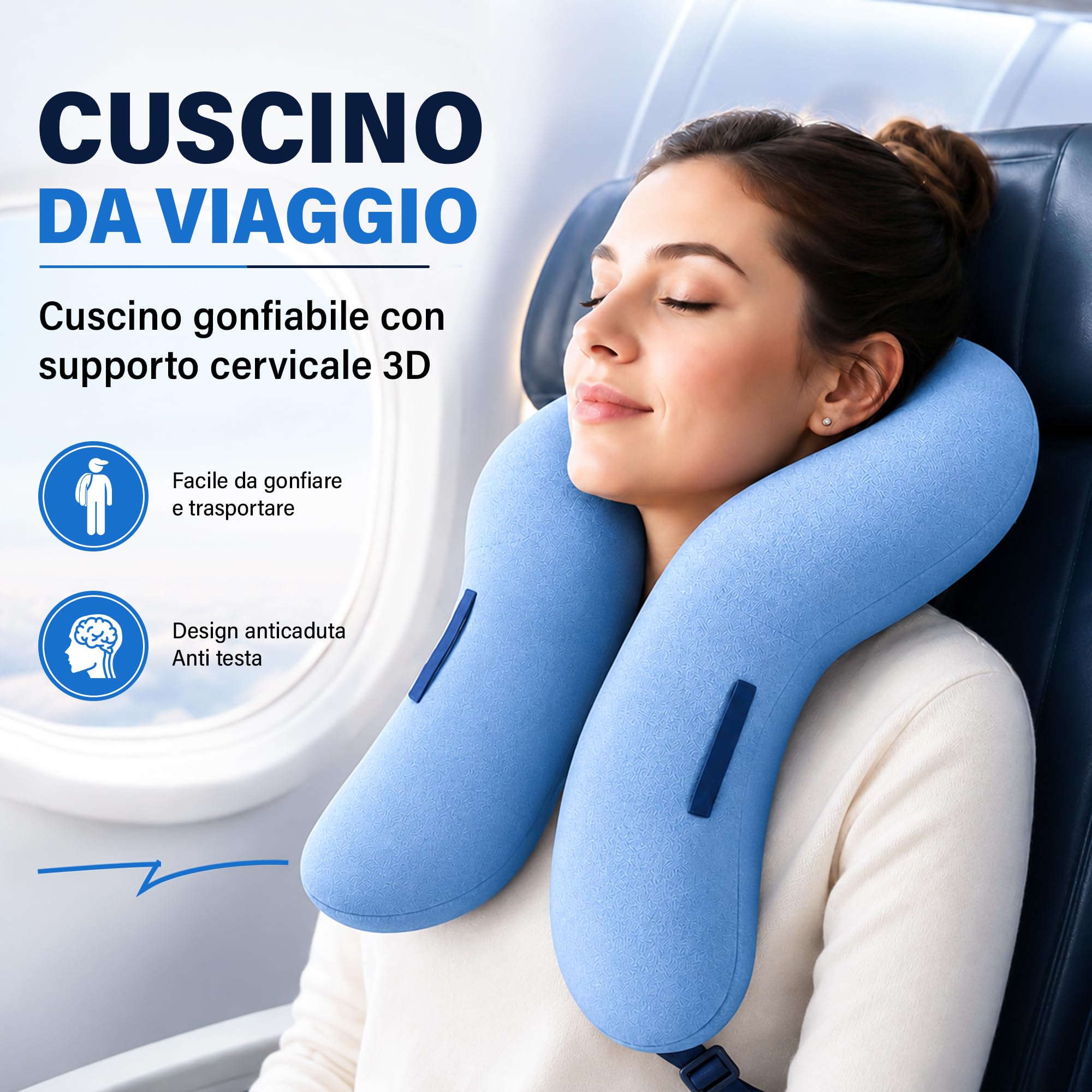 Cuscino da Viaggio, Cuscino Gonfiabile con Supporto Cervicale 3D, Cuscino Aereo Traspirante e Compatto, Design Anti Caduta della Testa, Facile da Gonfiare e Trasportare