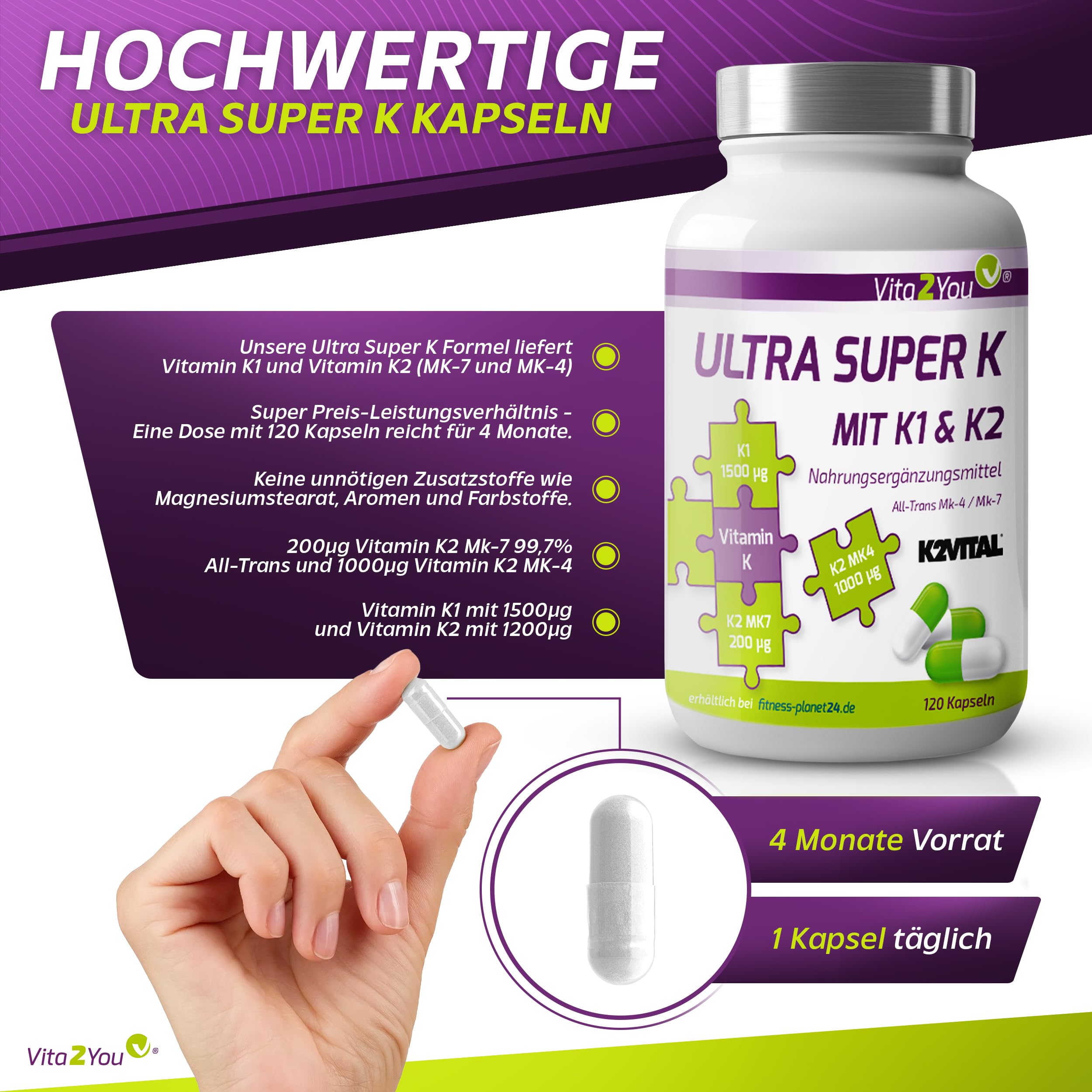 Vita2You Ultra Super K - 3 Vitamin K Formen - 120 Kapseln - Vitamin K2 und K1 - MK4 & MK7 - K2VITAL - Hochdosiert - Premium Qualität