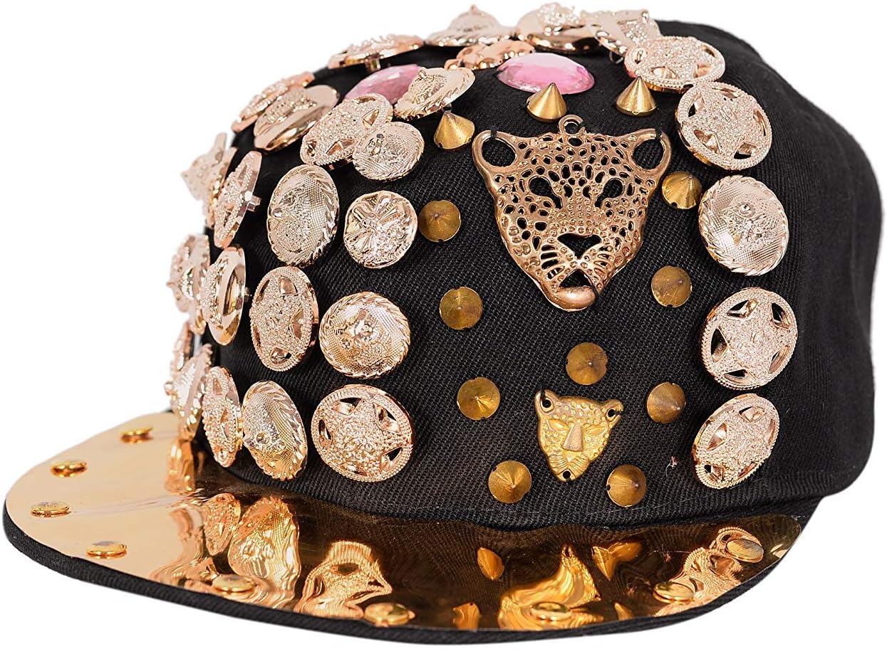 MalvinaMen's napback Hat, Adjustable Size Spike Rivet Spiky Studs Buttons Baseball Caps Flat Brim Hats Gold