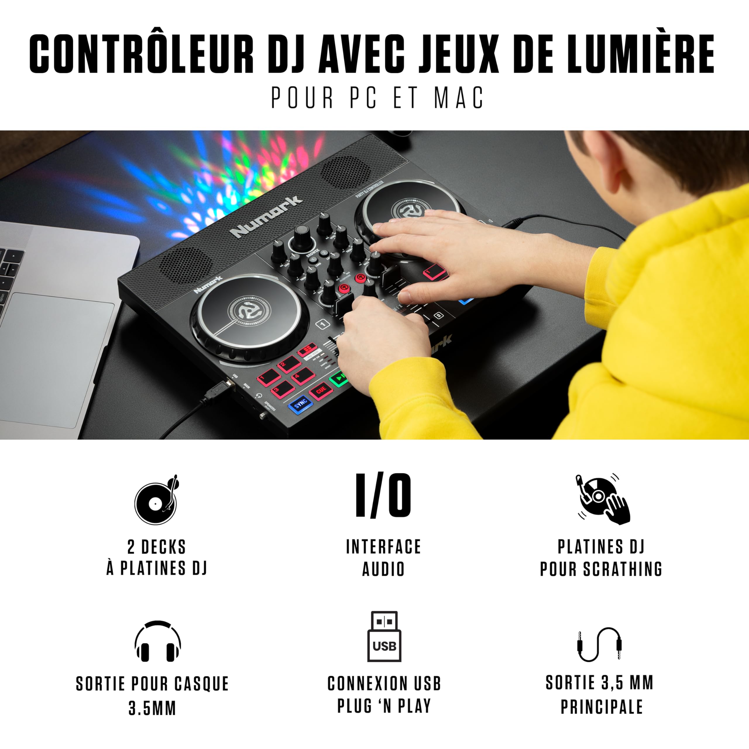 Numark Party Mix Live Platine DJ avec Enceintes Intégrées, Jeux de Lumière LED, Table de Mixage, avec Serato DJ Lite